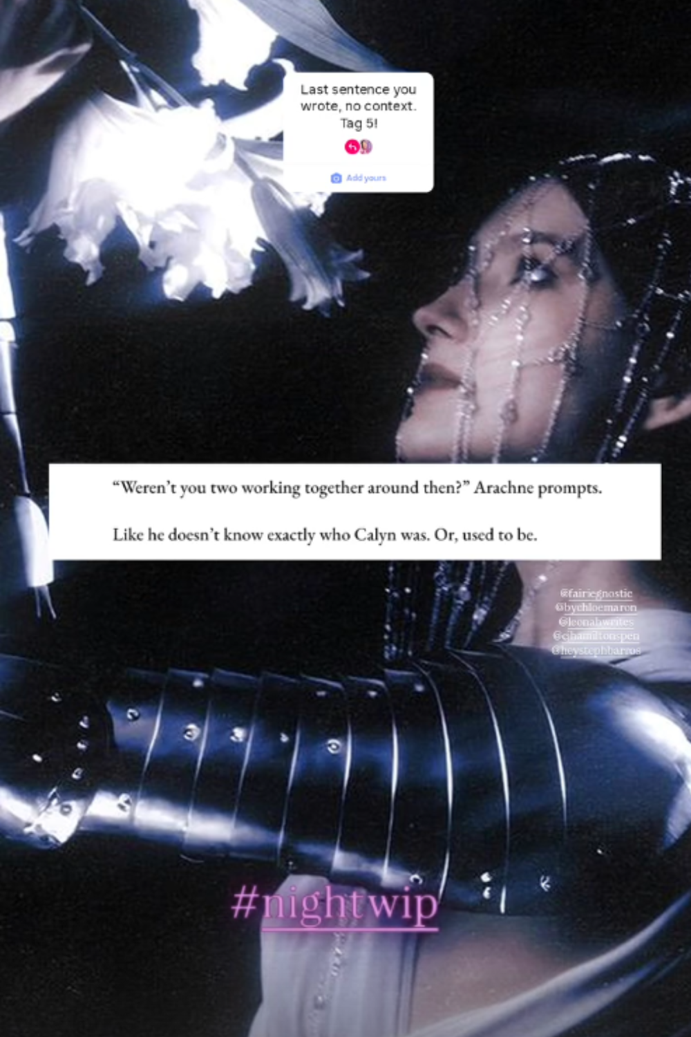 A person with glittery makeup and a black, shiny outfit with silver accents, holding a white flower, and looking at a white flower on the left side of the image. The photo has hashtags and text overlays including a conversation snippet and social med