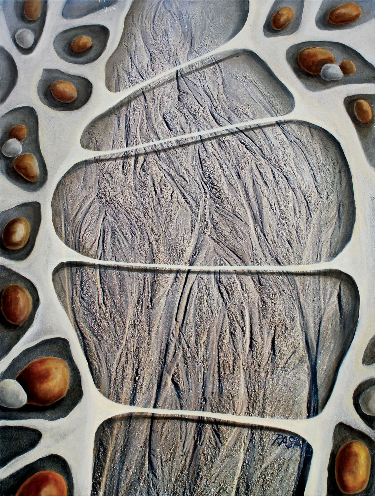 A textured painting depicting a stylized view of water channels or rivers with surrounding rocks or boulders.