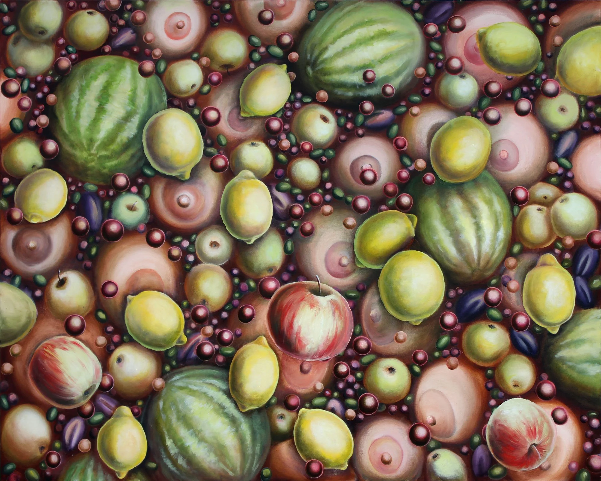 A still life painting featuring various fruits such as watermelons, apples, lemons, grapes, and berries arranged closely together.