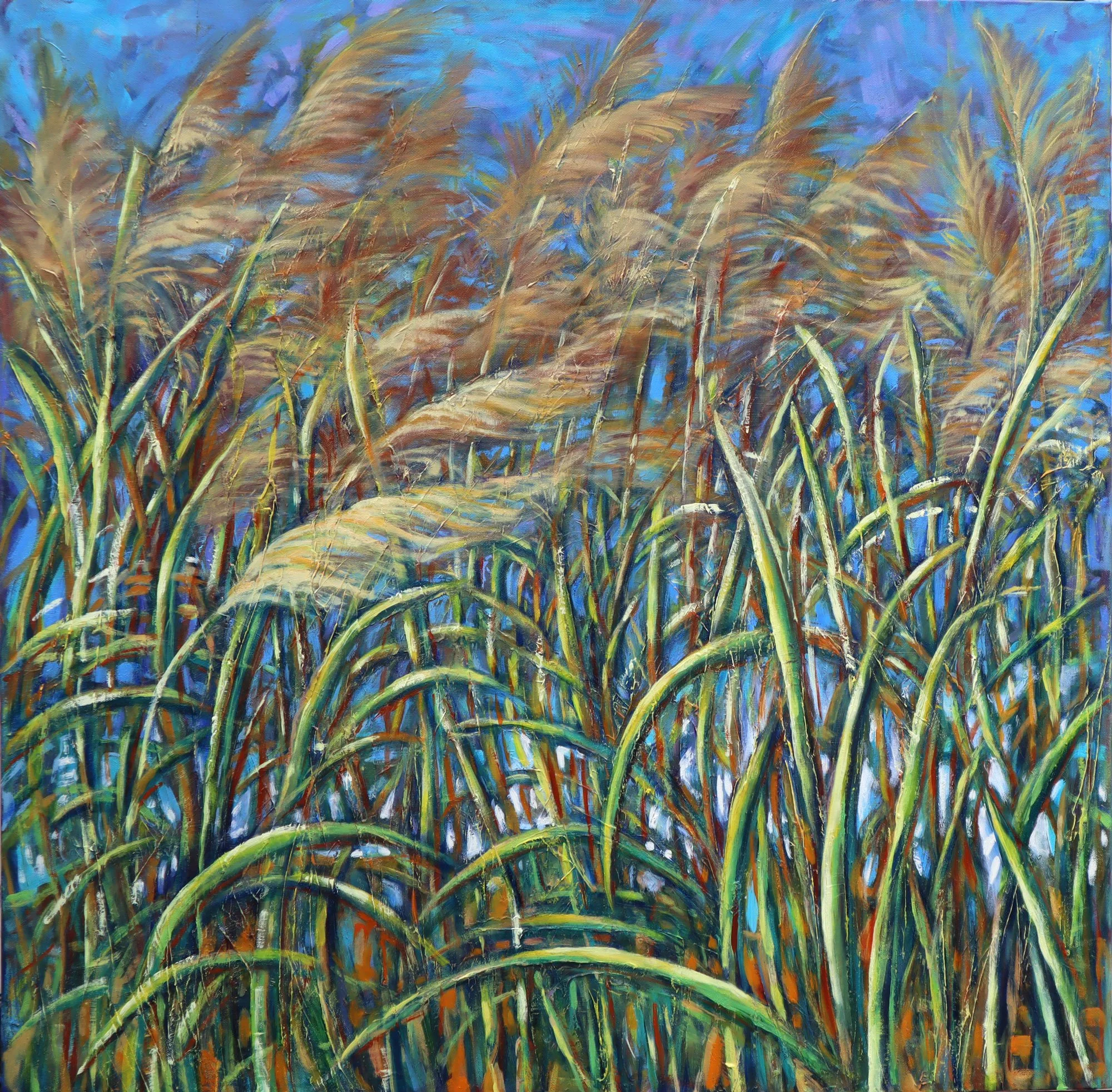 An abstract painting of tall grass with flowing, wavy blades in shades of green, brown, and blue.
