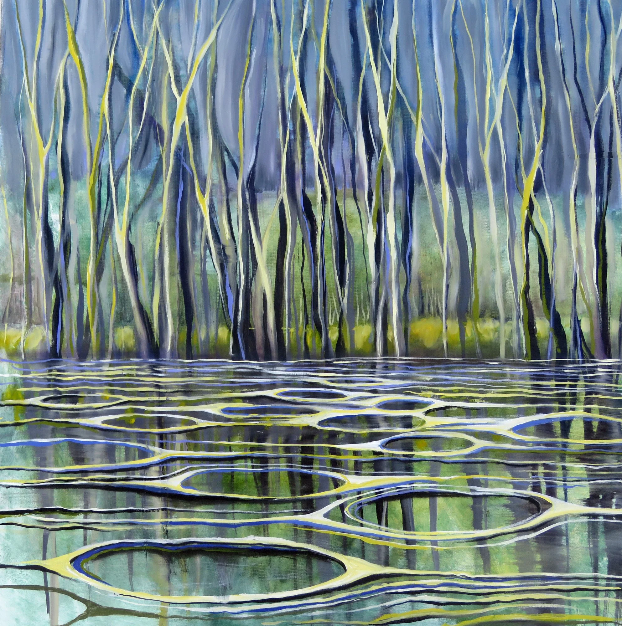 A painting of a forest with tall, thin trees and reflections in water at the bottom.