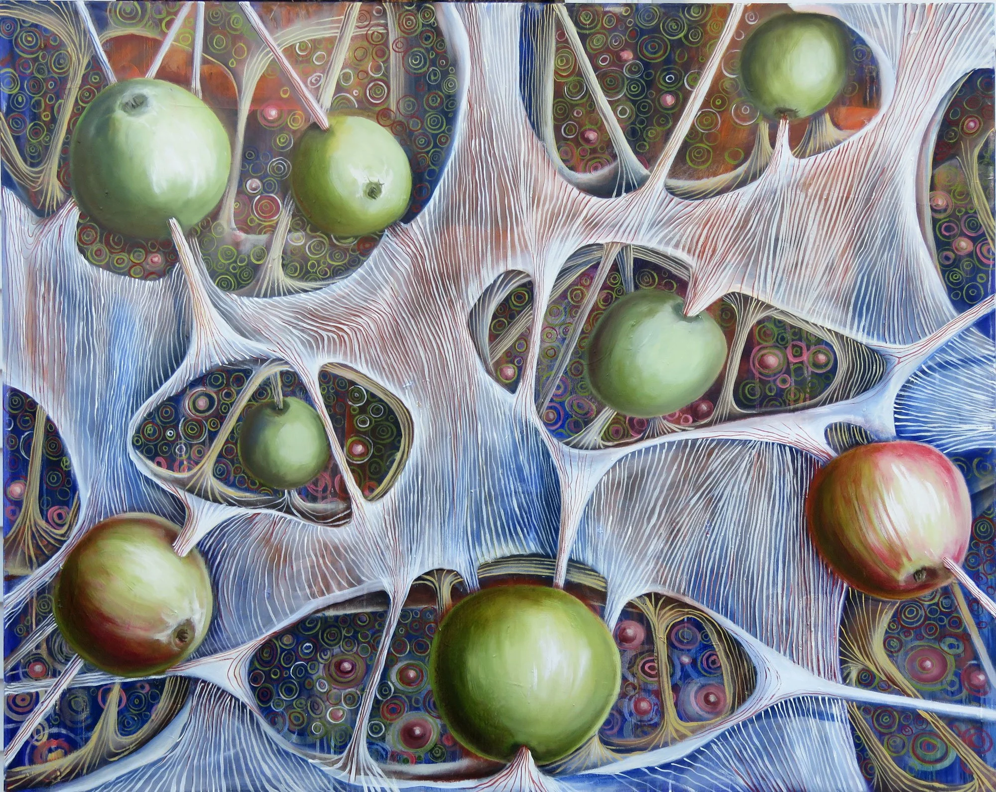 An abstract painting featuring several green and one red apple, intertwined with white and colorful web-like structures with intricate circular patterns in background.