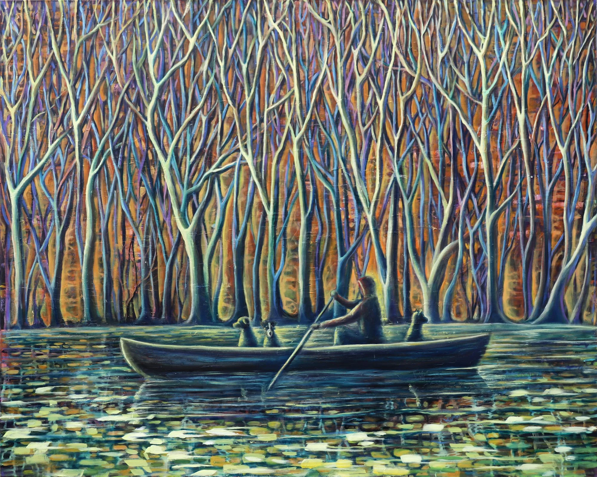 A person paddling a canoe on a body of water with a dense forest of leafless trees in the background, rendered in a colorful, abstract style.