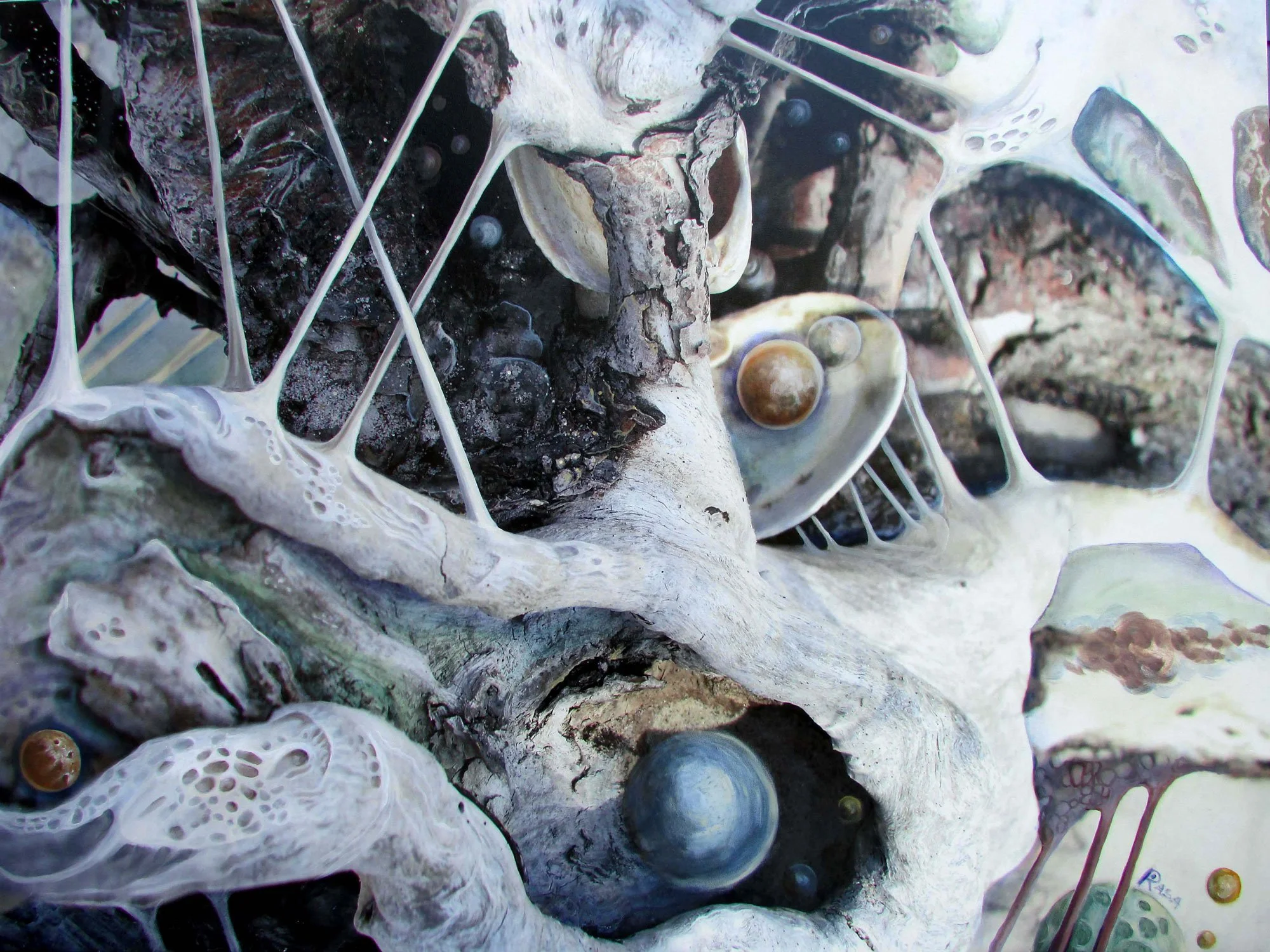 Close-up of an artistic abstract mixed media artwork with textured layers, bubbles, and metallic spheres in shades of white, gray, black, and gold.