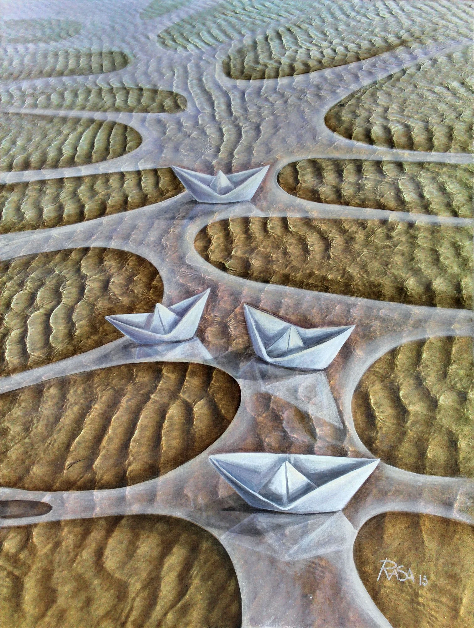 Aerial view of a sandy beach with floating paper boat sculptures in shallow water channels.