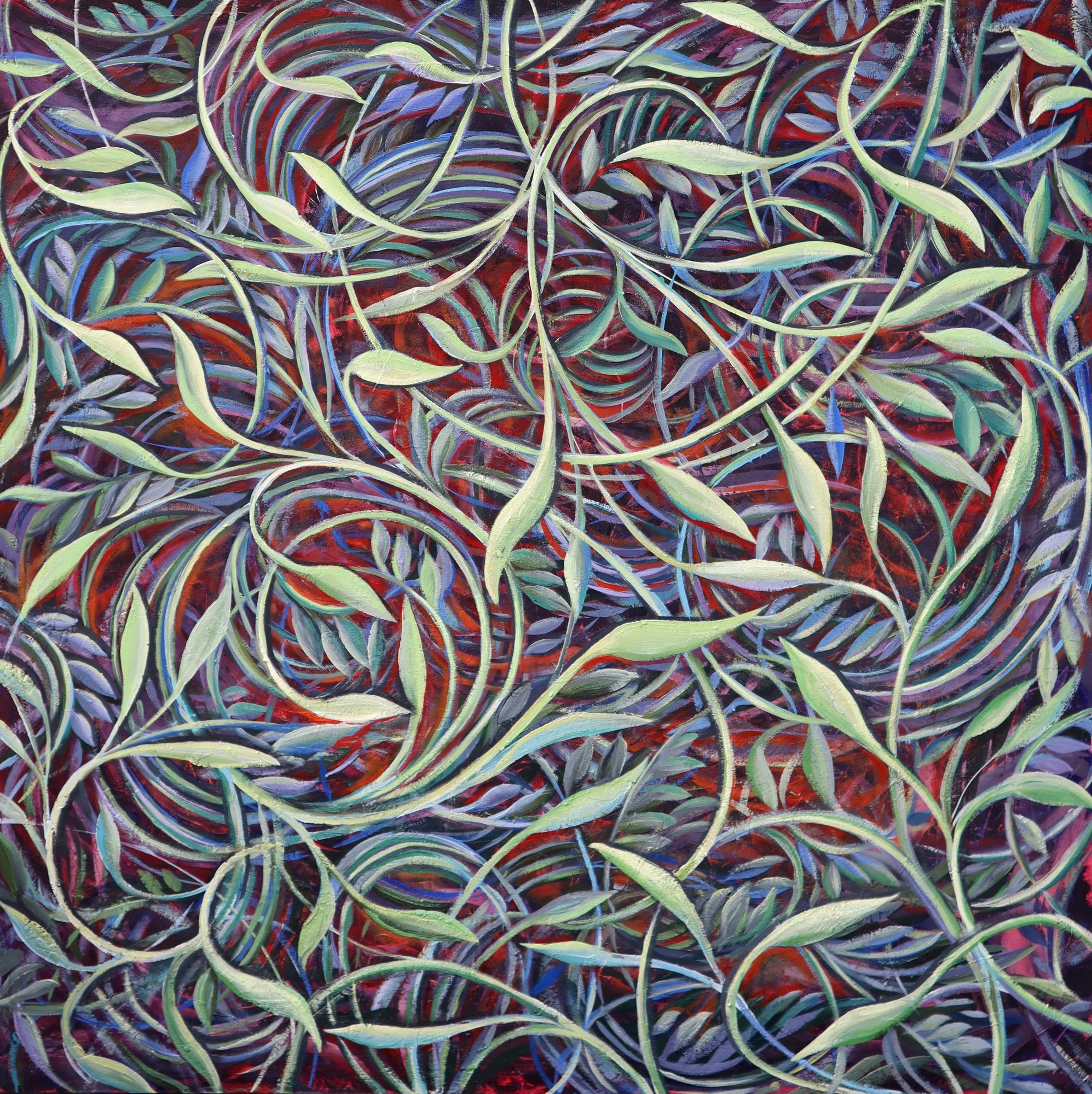 An abstract painting of intertwined green and purple leaves and vines with a red background.