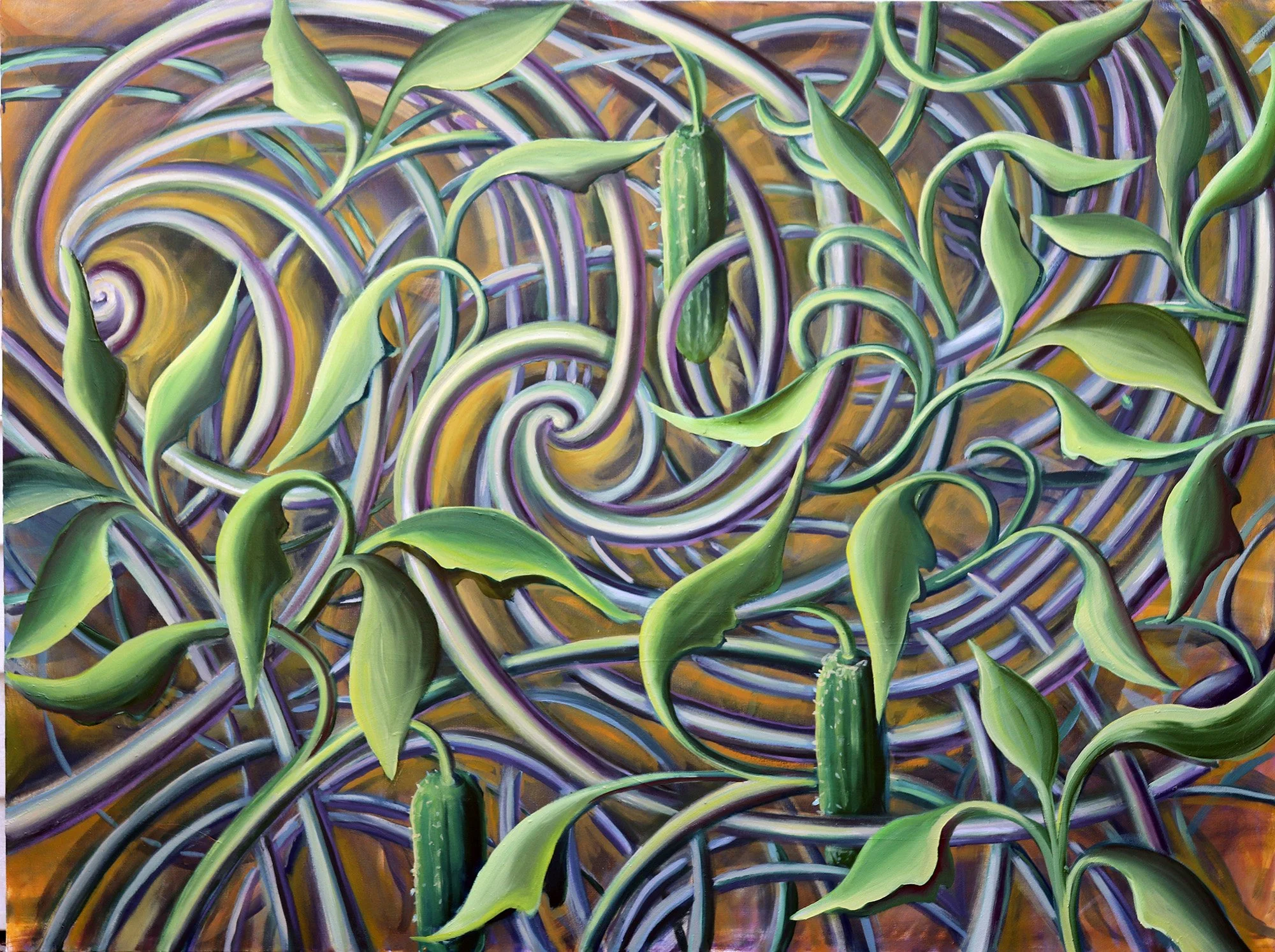 Painting of green plants and cacti intertwined with purple and white swirling lines on a brown background.