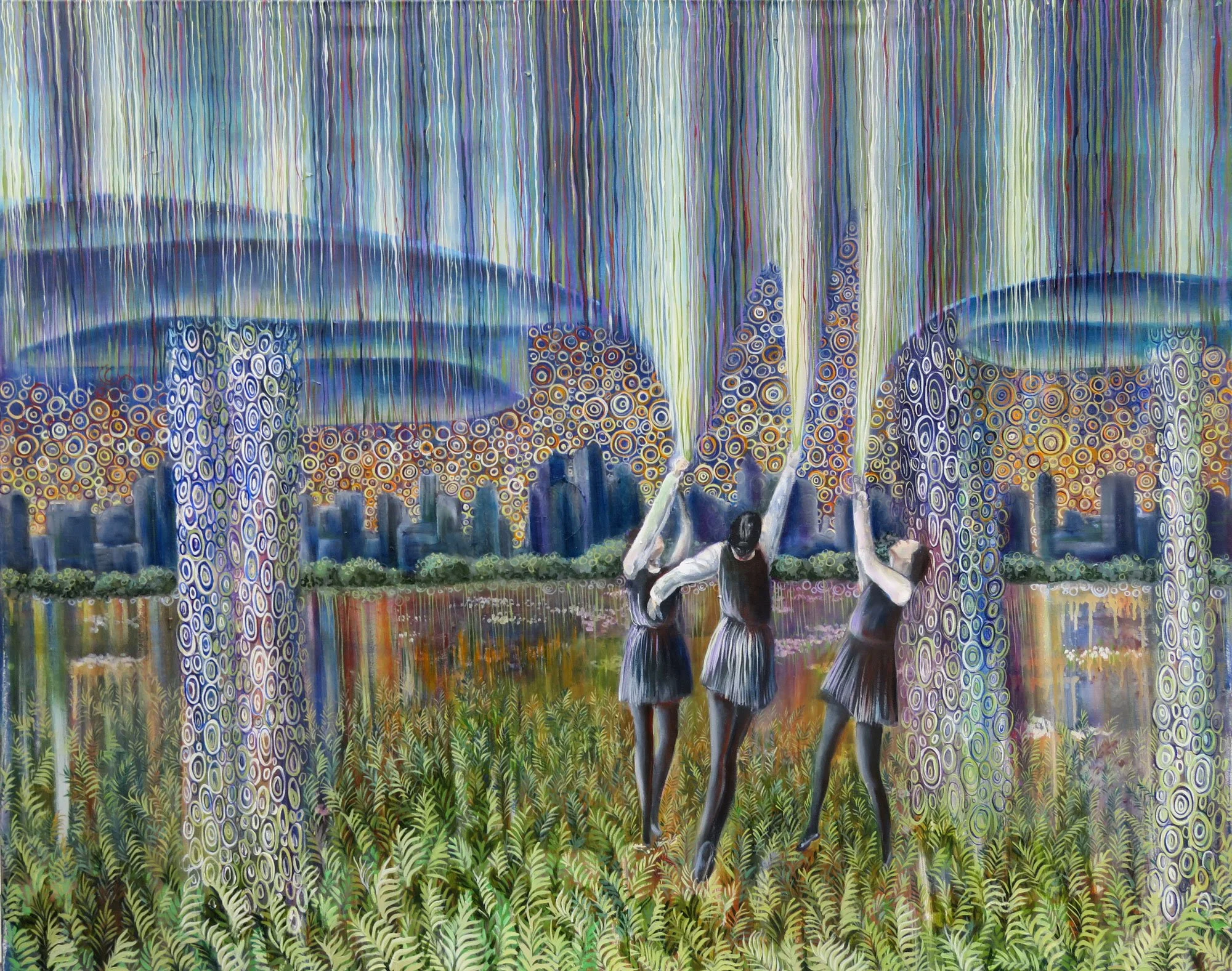 Painting of three women holding large umbrellas, surrounded by colorful, abstract trees with a cityscape in the background, in a lush green field.