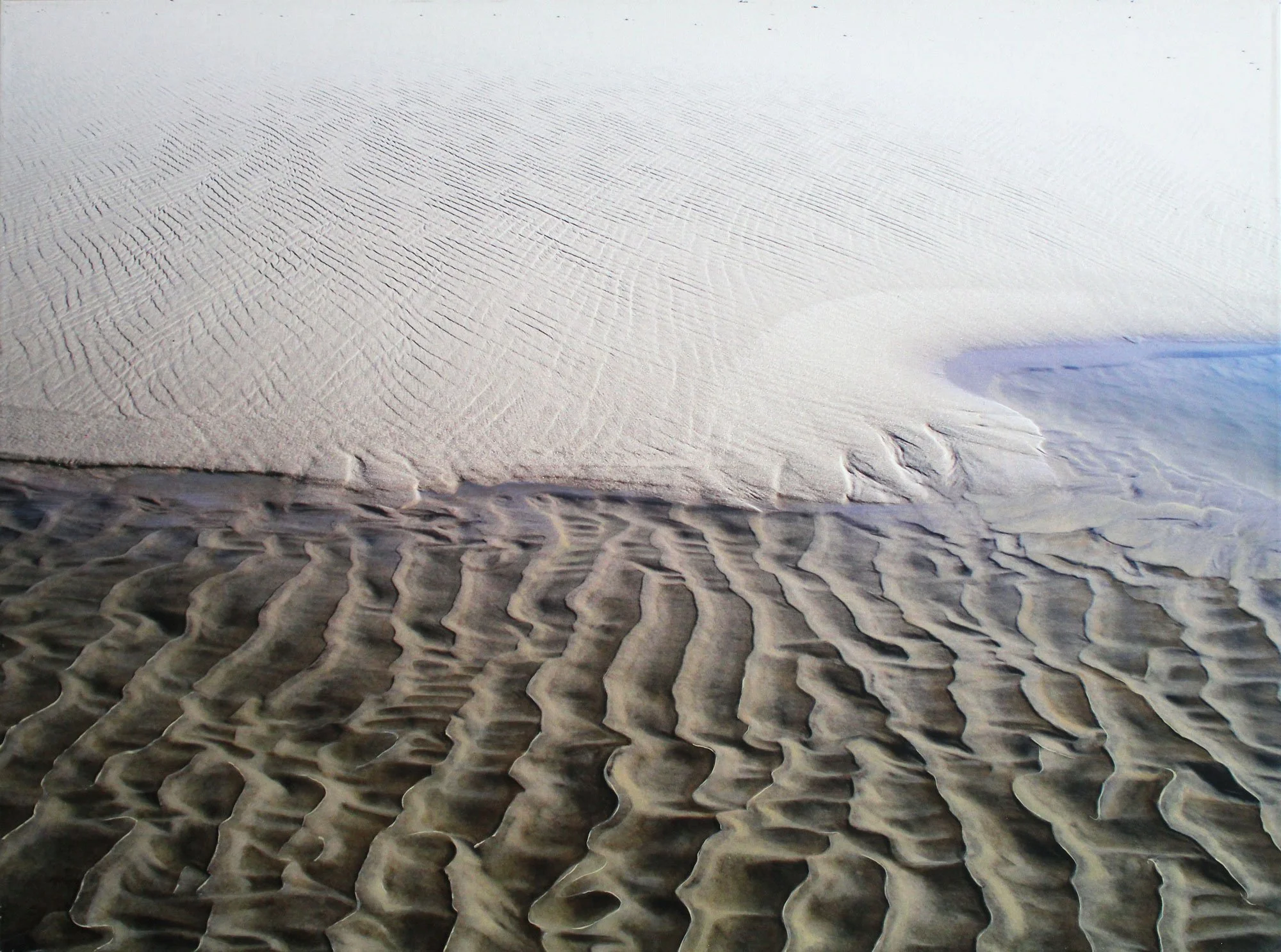 Close-up of sand dunes showing different wind-formed patterns and textures.