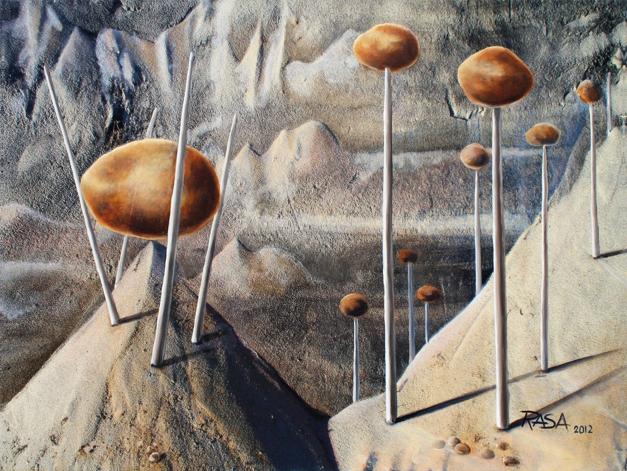 Surreal desert landscape with rocks on sticks resembling mushrooms, and sand dunes in the background. Signed by RASA, 2012.