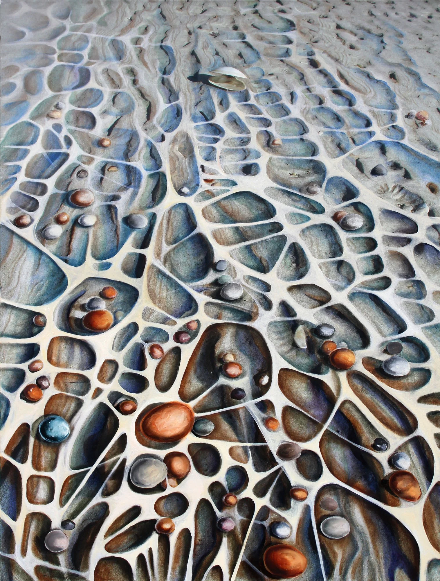Painting of pebbles and shells embedded in a surface shaped like a spider web.