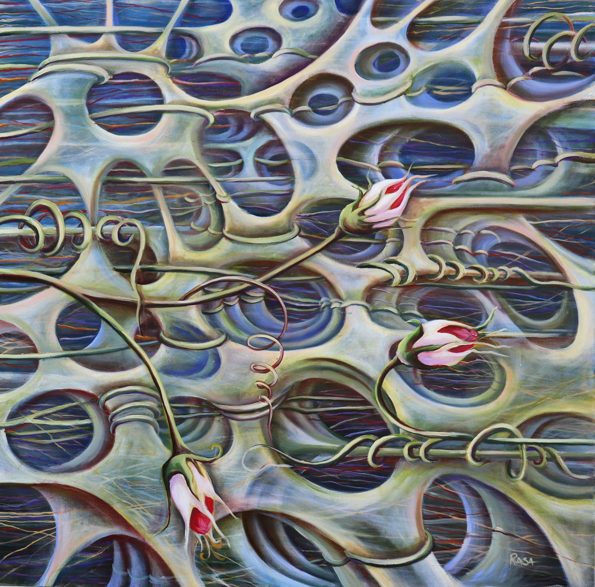 Abstract artwork featuring interconnected organic shapes with three pink and white flower buds intertwined among the structures.