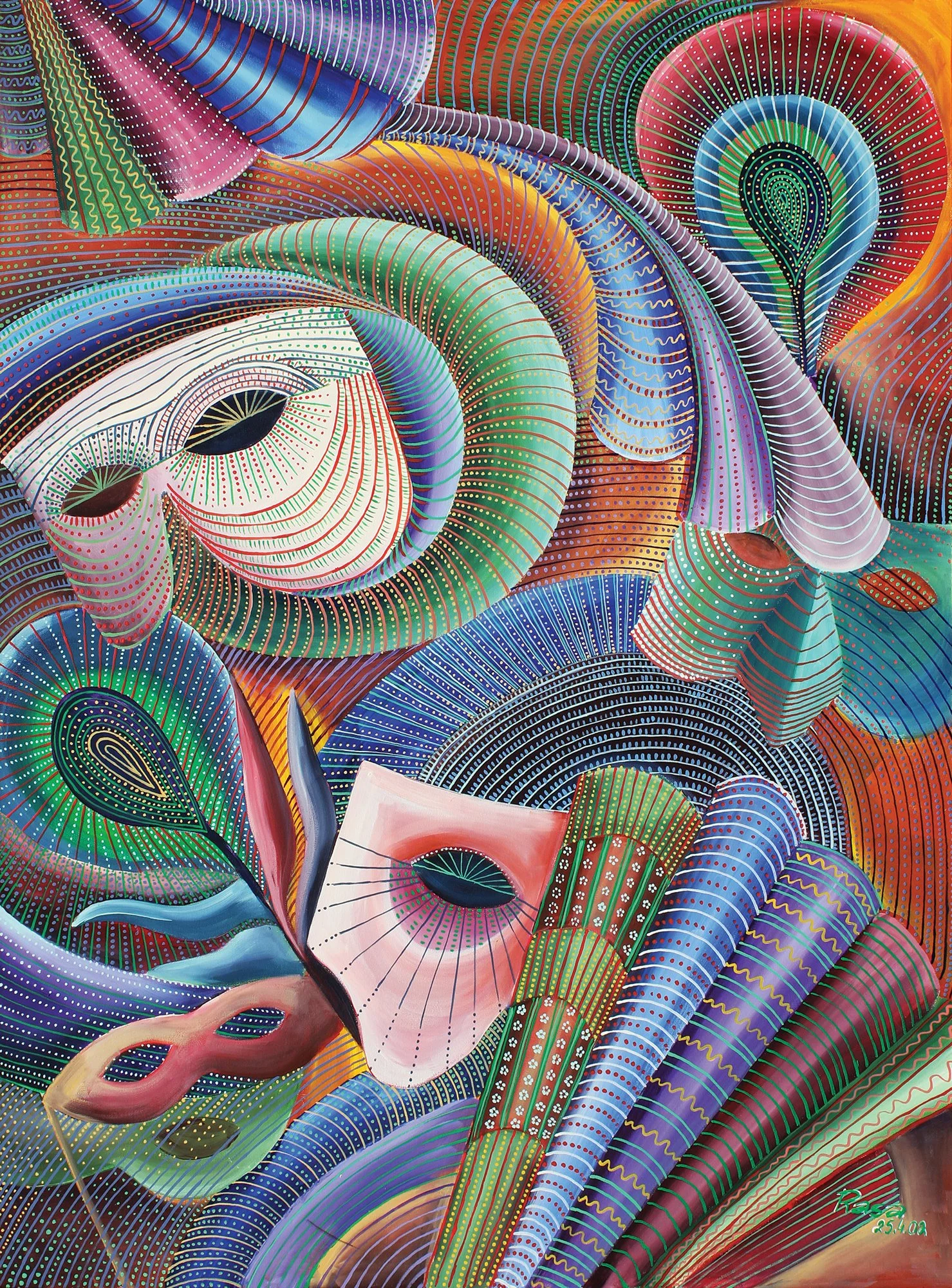 Abstract artwork with colorful swirling patterns and masks, featuring dots and lines in various colors including green, pink, blue, purple, and orange.