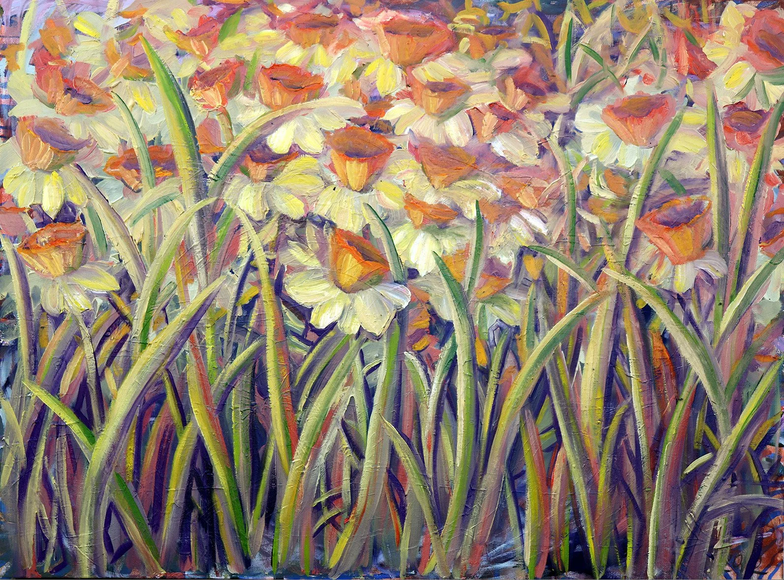 An abstract painting of yellow and orange flowers with green stems and leaves, featuring bold brushstrokes and vibrant colors.