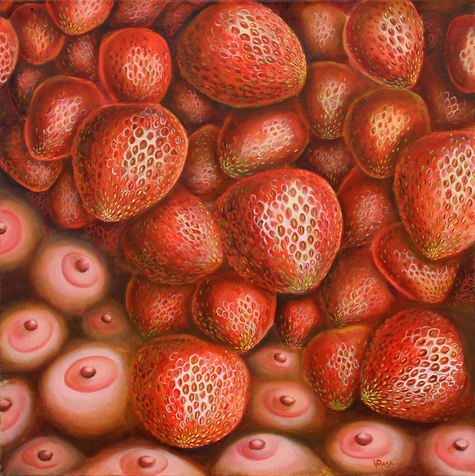 A painting of numerous strawberries stacked together with a few round pinkish fruits with seed patterns at the bottom.