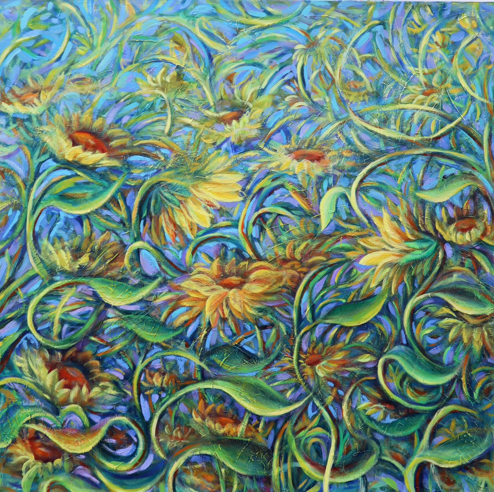 A vibrant, colorful painting of sunflowers with lush green leaves and curling vines, rendered in an abstract style with bold, swirling brushstrokes.