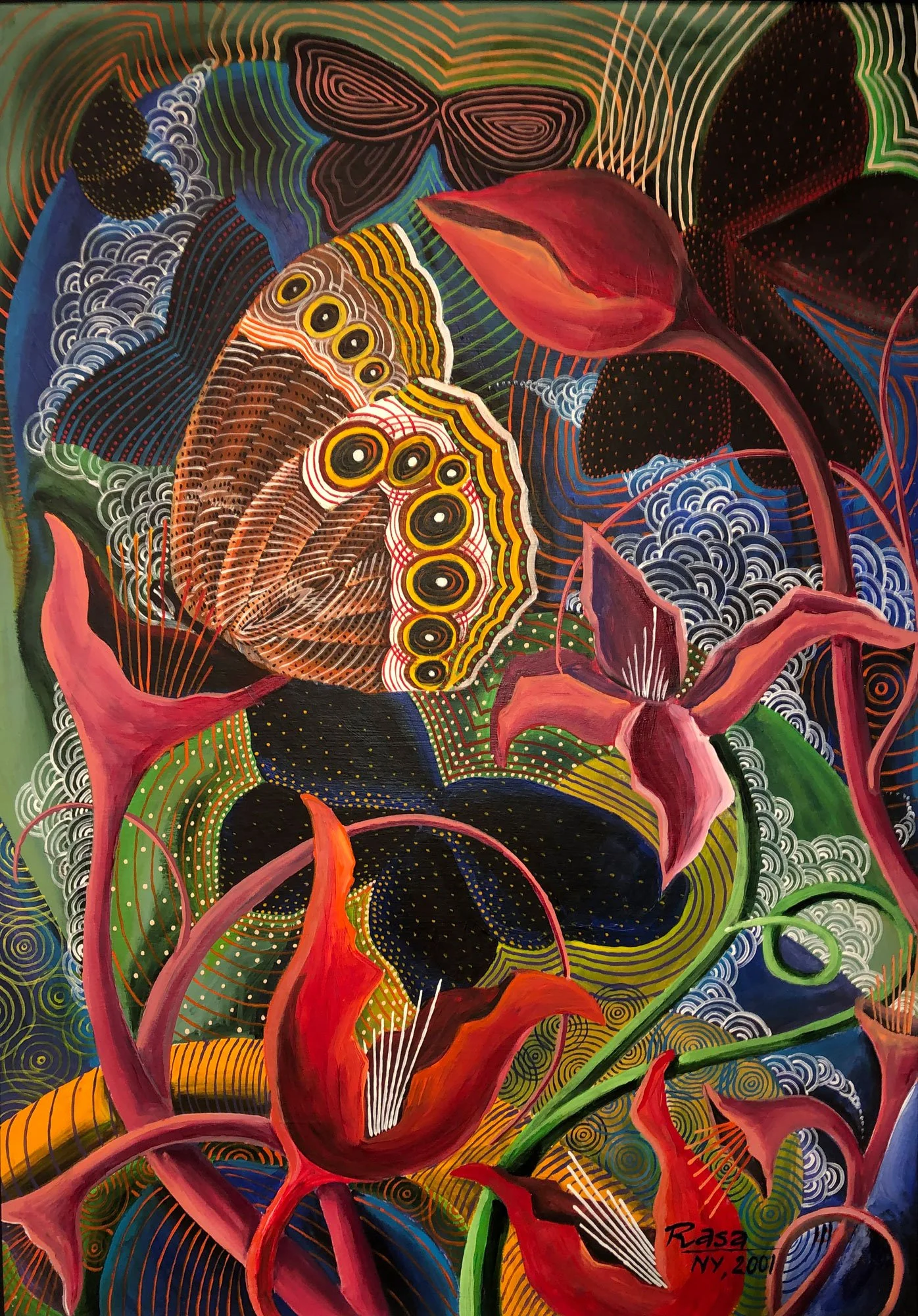 An abstract painting featuring colorful, swirling patterns and large, stylized flowers and a butterfly. Bright greens, reds, oranges, blues, and black dominate the composition, creating a vivid, dynamic scene. The artist's signature appears at the bo