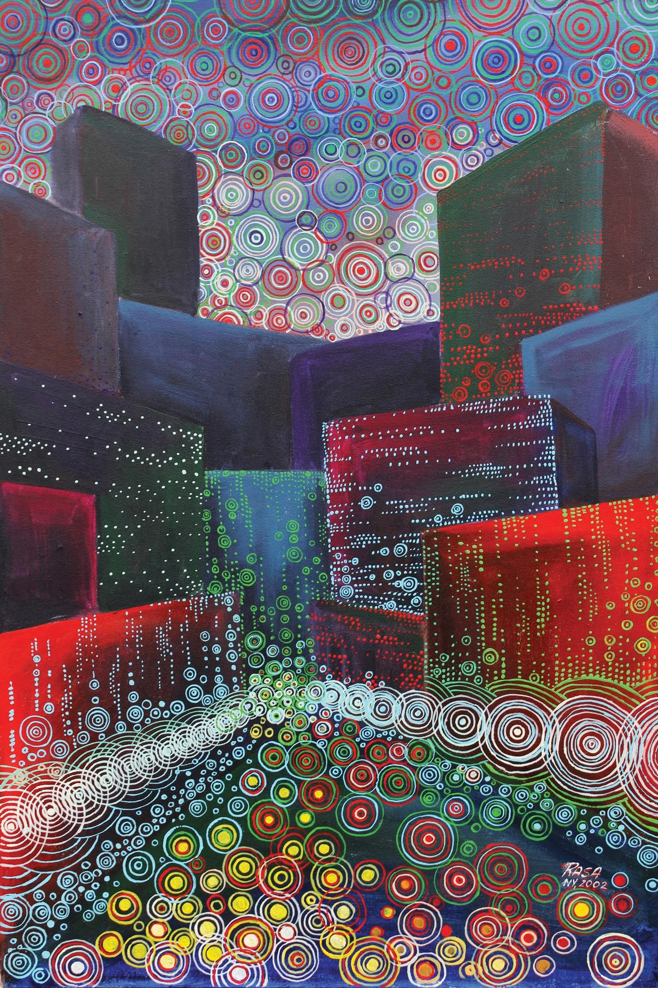 A colorful abstract painting of a cityscape with tall buildings and a vibrant, circular patterned sky above. The buildings are decorated with dotted patterns, and the ground features swirling circles in red, yellow, green, and blue.
