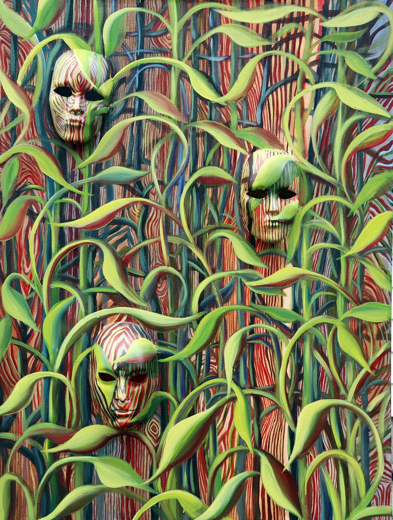 Colorful artwork featuring three human face masks with black eye holes, blended into a background of dense green and yellow leaves and red, blue, and brown striped lines.