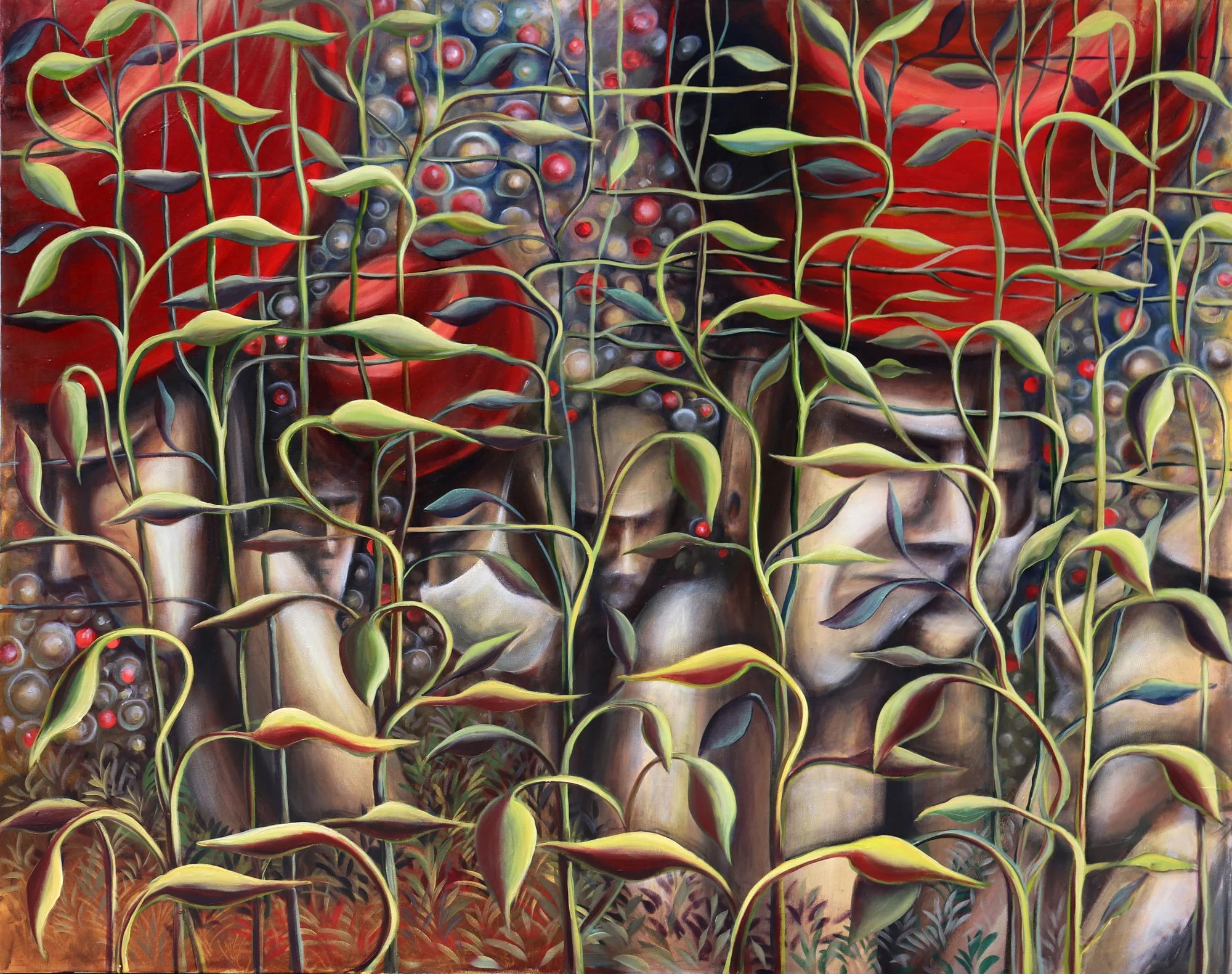 A colorful painting depicting three stone statues of faces partially covered by green vines with elongated leaves. The background features a red cloth and several clusters of grapes.