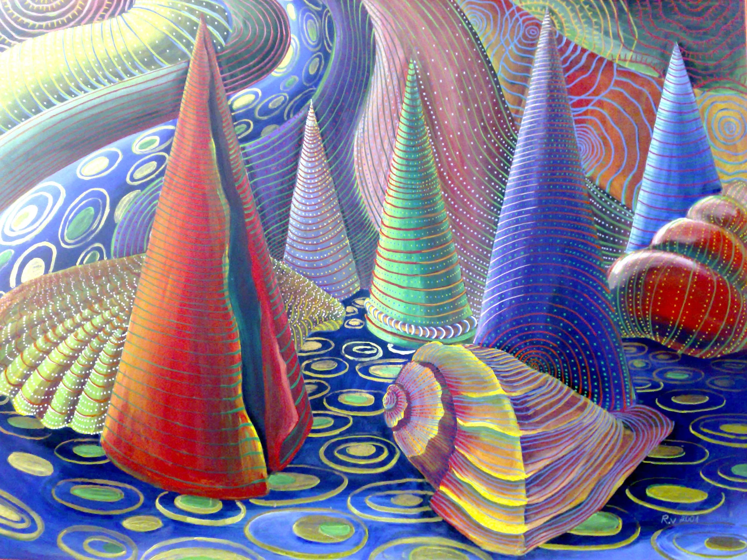 Colorful abstract artwork depicting a surreal landscape of cone-shaped and shell-like structures with vibrant rainbow colors and dotted patterns, set against a background of swirling, layered patterns.