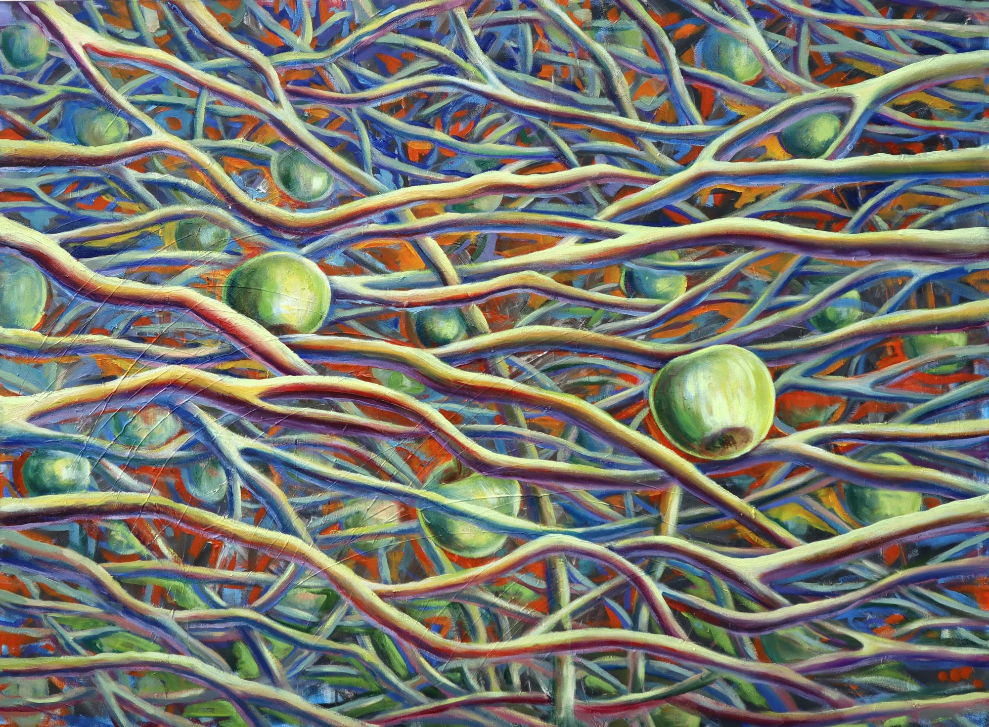 A surreal painting of entangled wires or vines with green spheres scattered throughout, featuring vibrant colors and intricate details.