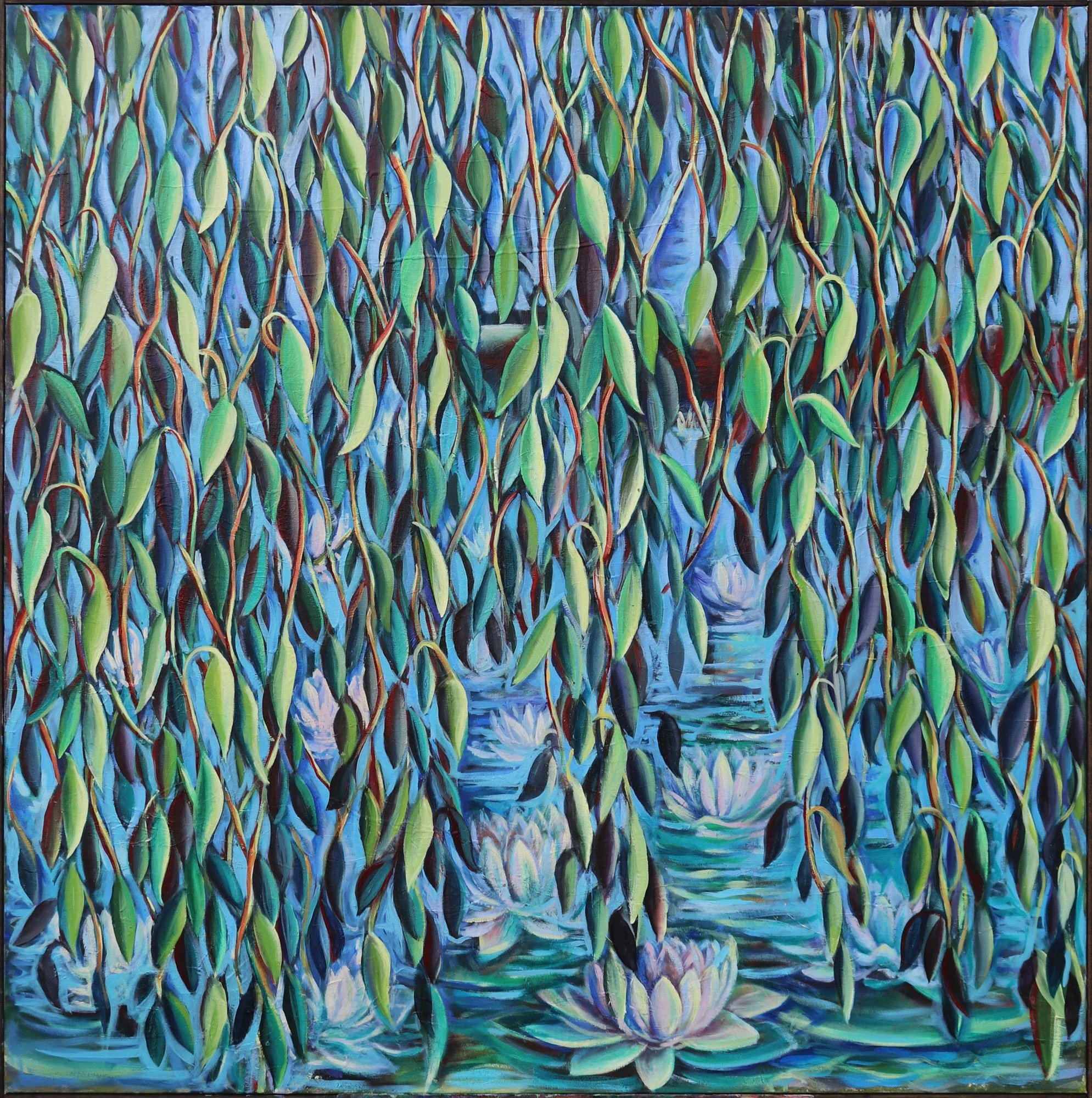 Painting of a water scene with lily pads, water lilies, and a weeping willow tree with hanging branches and leaves.