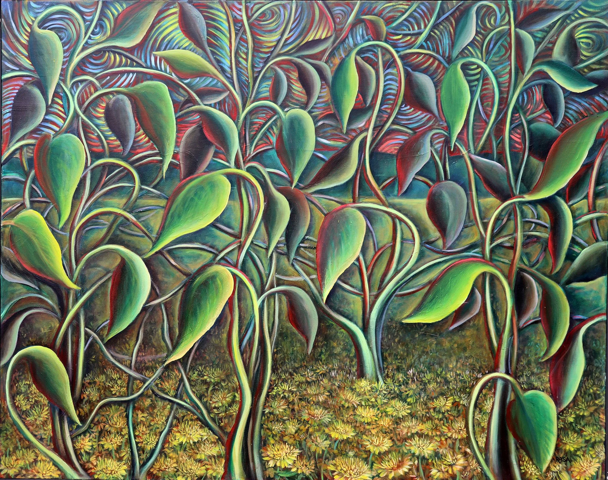 Colorful painting of a dense bed of green and dark purple heart-shaped leaves and twisting stems, with a ground covered in small yellow flowers.