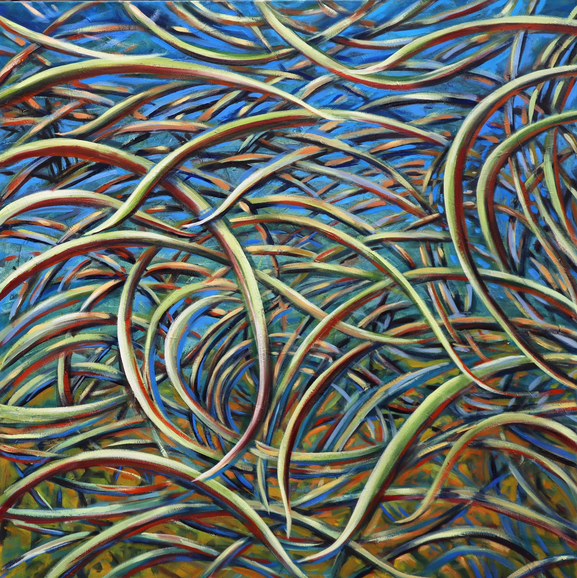 A painting of intertwined, curving plant leaves with blue, green, yellow, and brown tones.