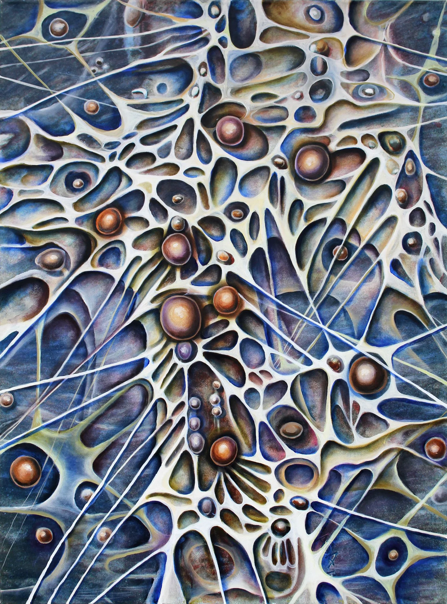 Abstract painting with interconnected organic shapes, spheres, and lines in shades of blue, brown, and beige.