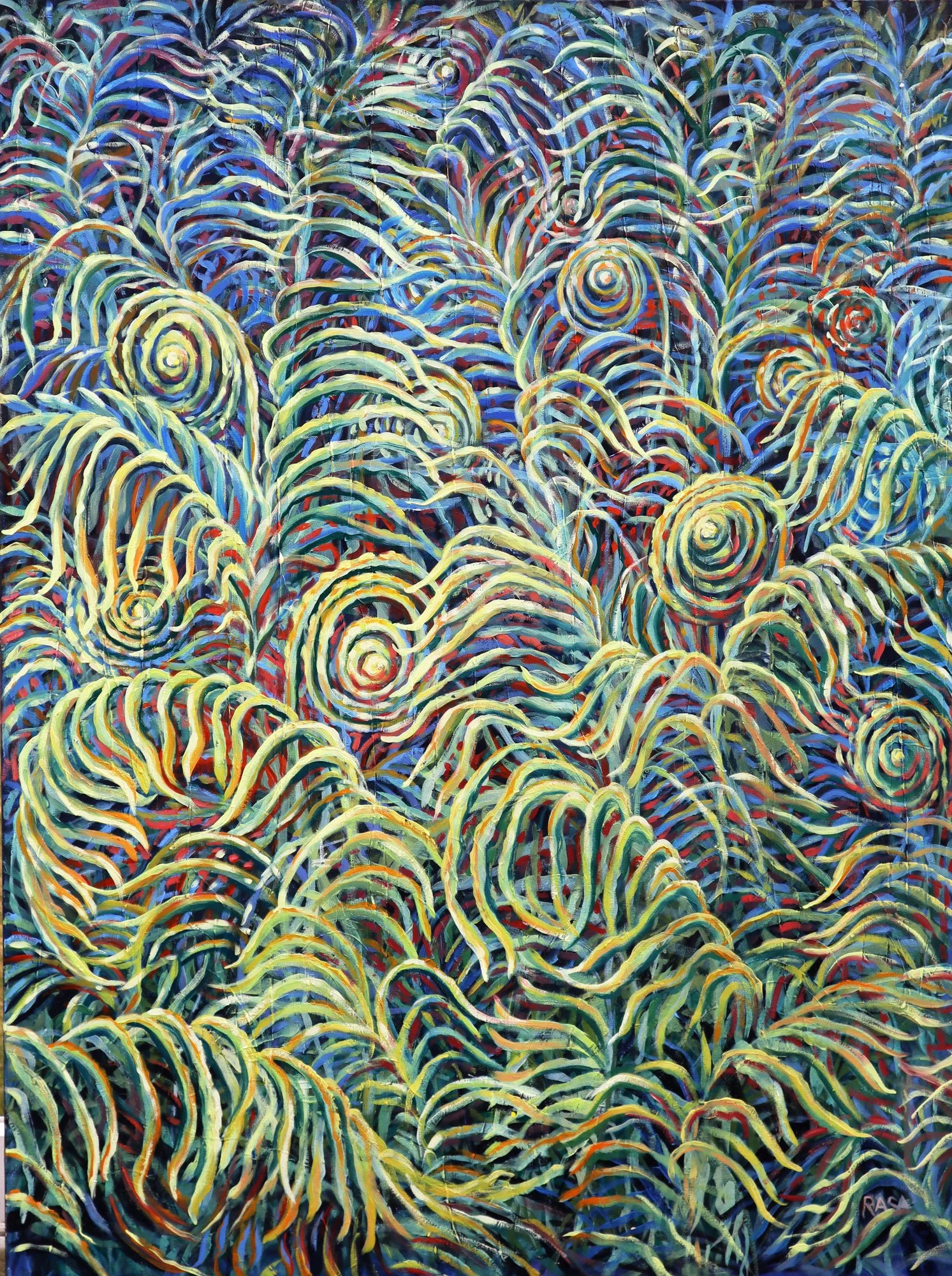 An abstract painting of swirling fern leaves with numerous spiral-shaped patterns, using vibrant colors like yellow, blue, and red.