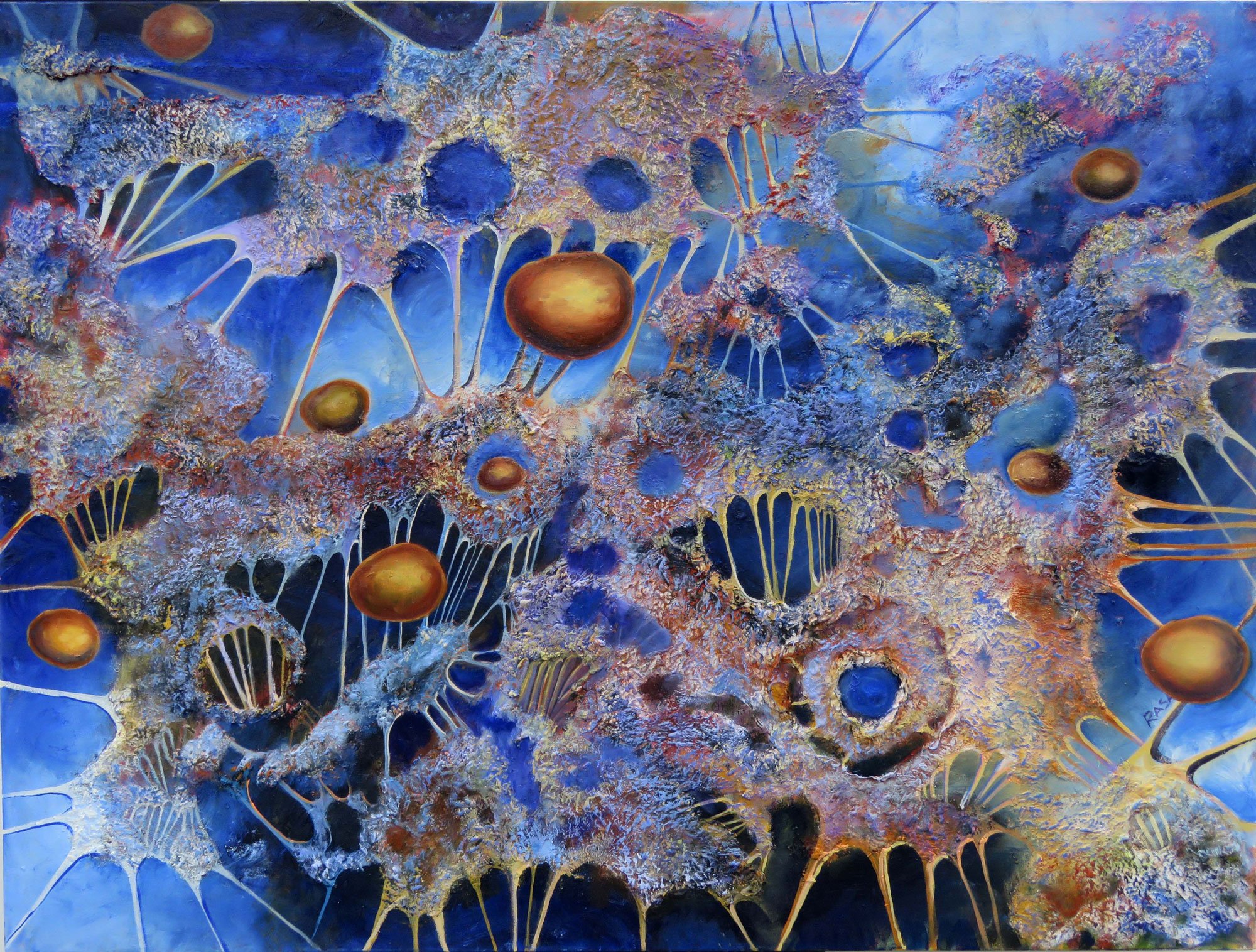 Abstract painting with blue, gold, and black colors, featuring textured patterns and spherical shapes resembling cells or bubbles.