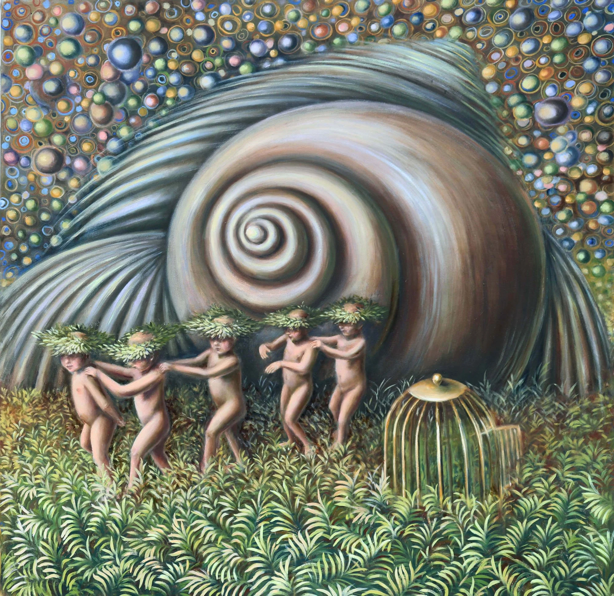 Famous surrealist painting depicting five nude women dancing in a field of lush green plants, holding hands, with their heads adorned with large crowns of foliage. Behind them is a large shell and a spiral pattern in the sky filled with colorful circ
