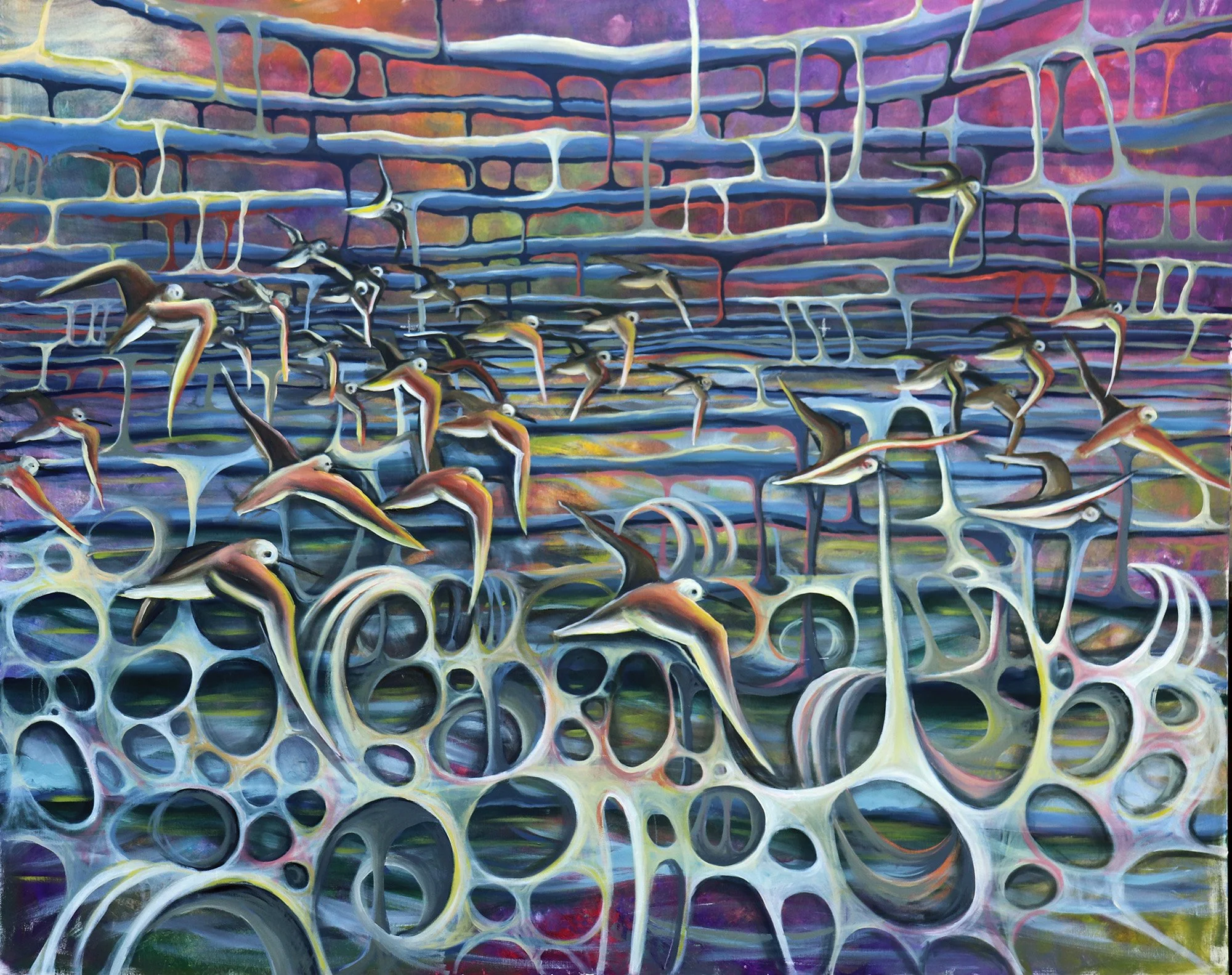 Abstract painting of birds flying in front of a brick wall with colorful and swirling patterns.