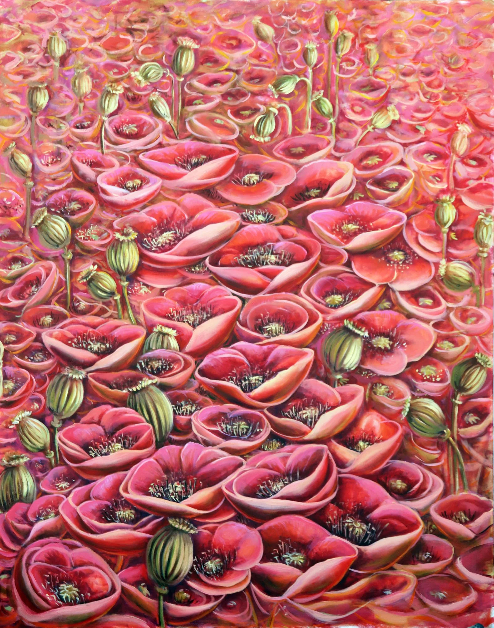 A vibrant painting of numerous pink poppies with some green buds on tall stems.