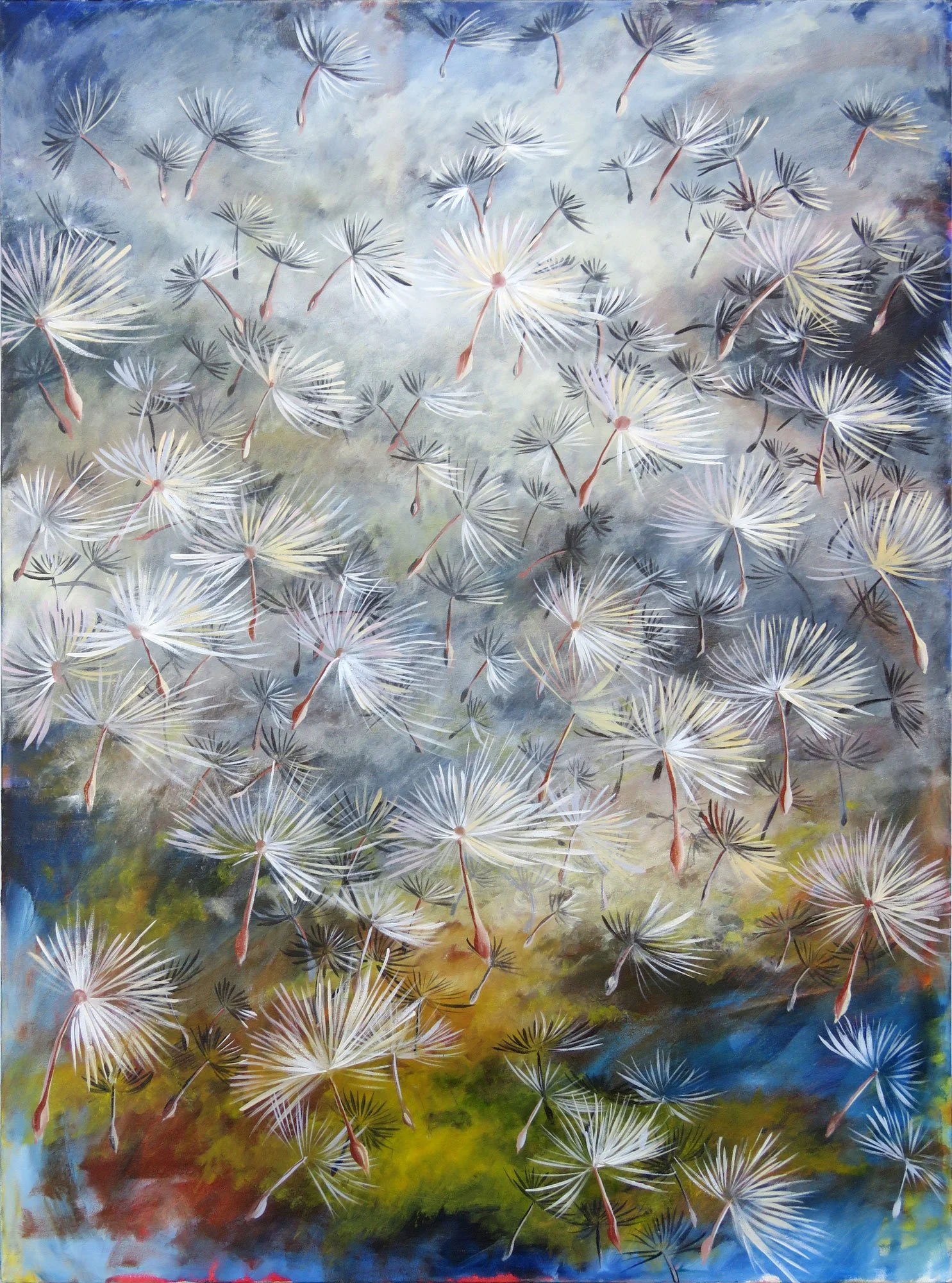 Painting of dandelions with white, fluffy seed heads rising against a colorful abstract background