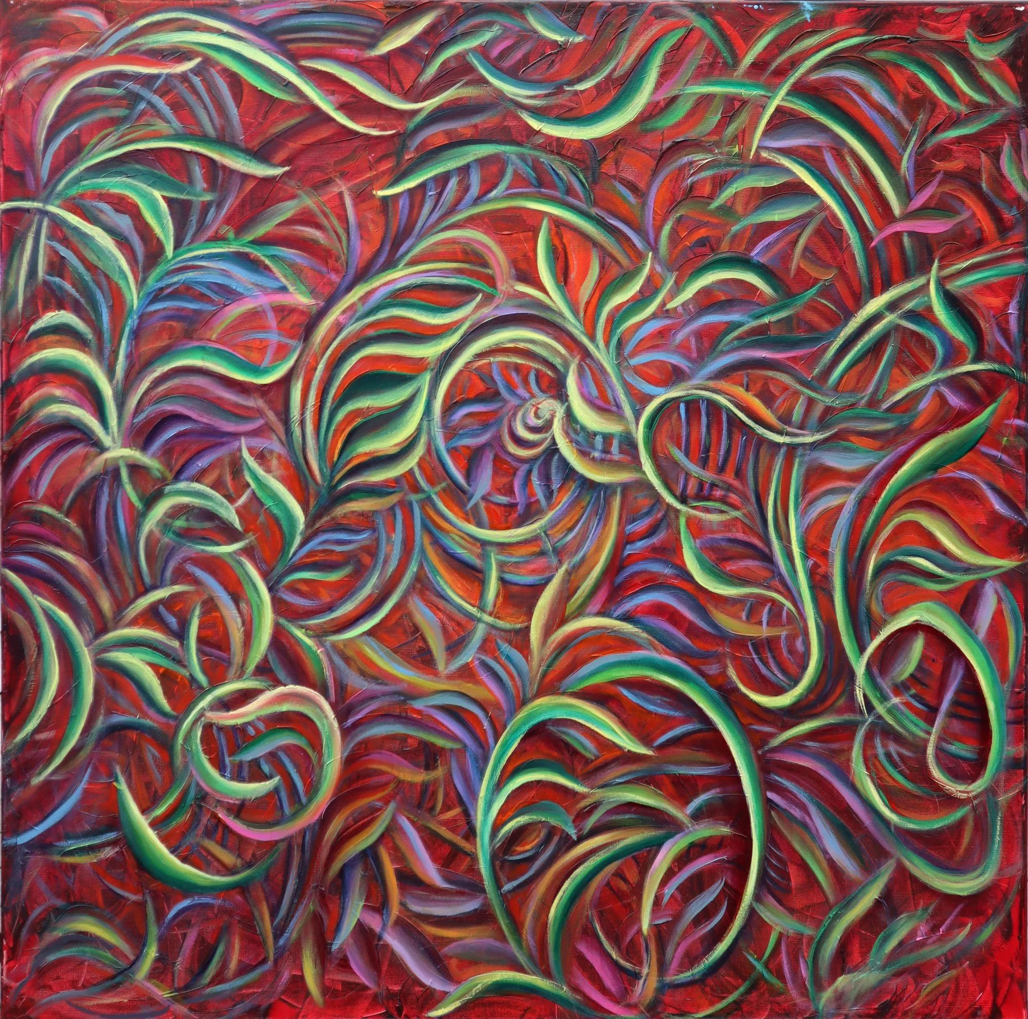 Colorful abstract painting with swirling green, purple, blue, and red lines and leaves on a predominantly red background.