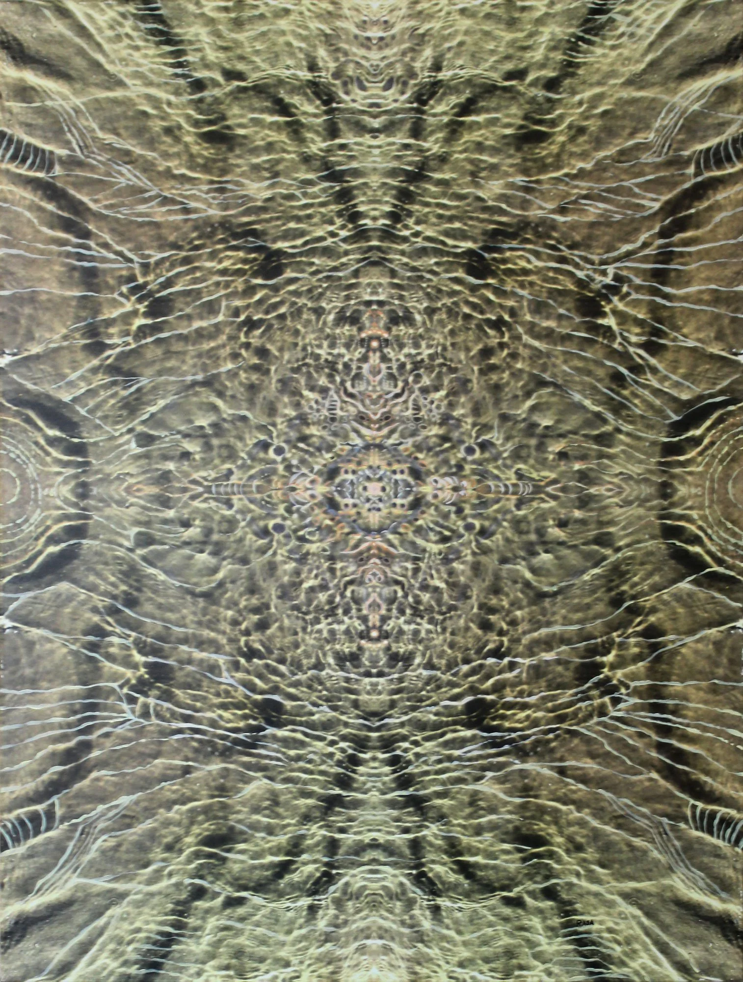 Symmetrical abstract pattern of rippling water on a sandy beach.