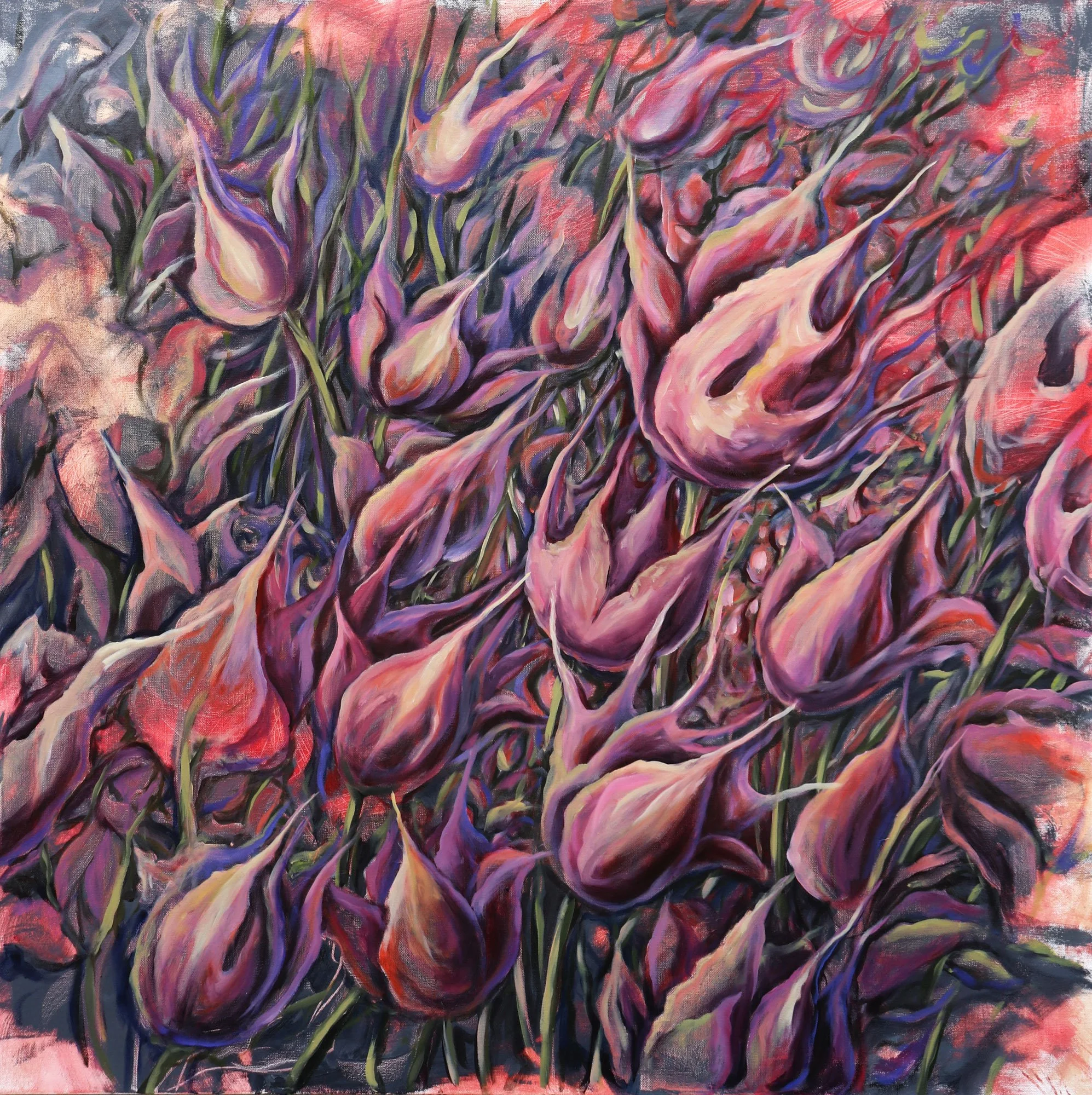A colorful painting of numerous calla lilies in shades of pink and purple with dark green stems, set against a mixed background of pink, red, and purple hues.