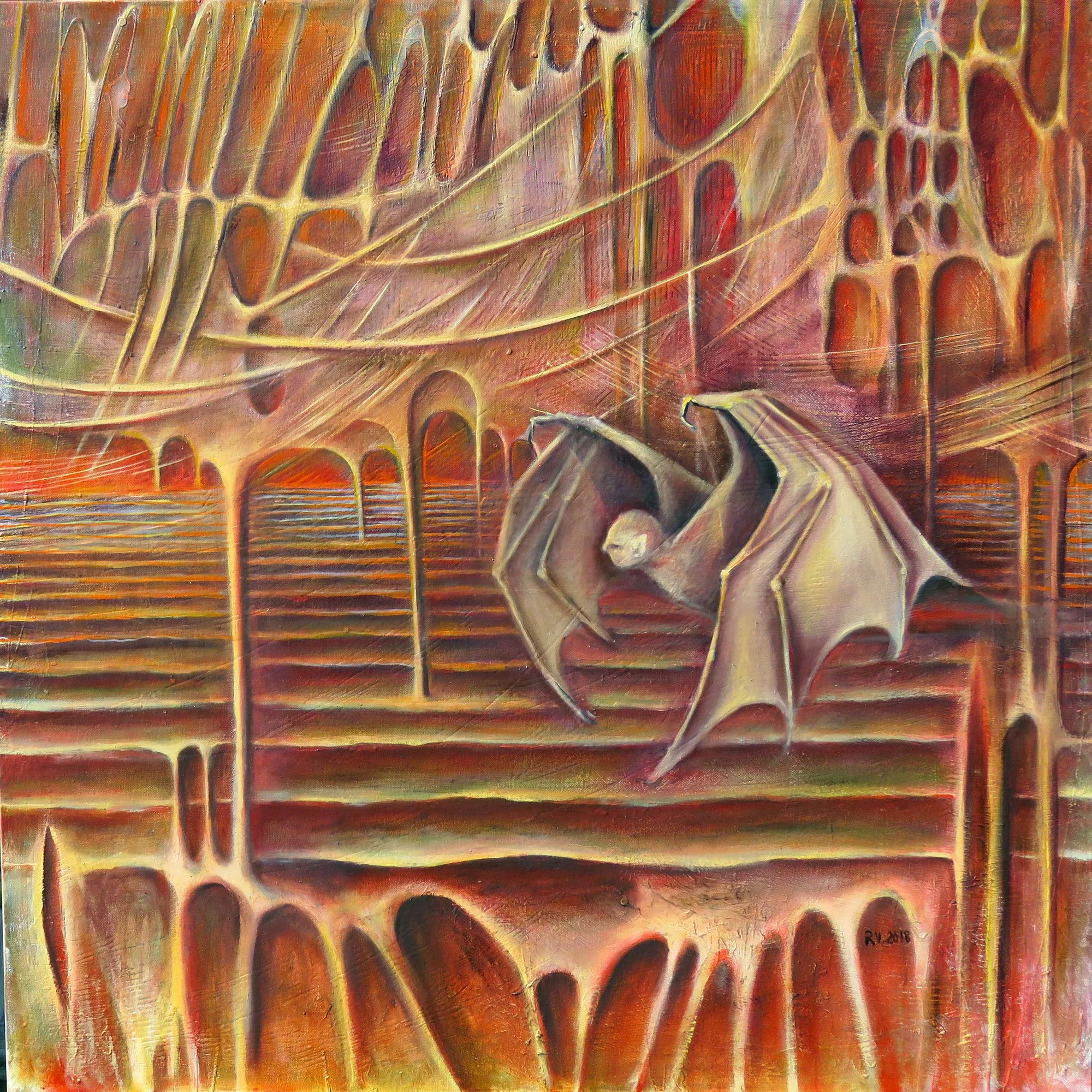 A surreal painting of a bat flying inside a structure resembling a cathedral with arched windows and intricate web-like patterns on the ceiling, using warm colors like red, orange, and brown.