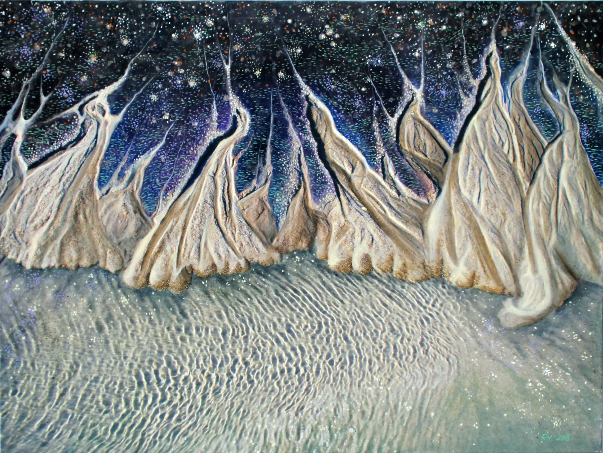Abstract painting of tall, flowing, cream-colored mountains with dark blue, purple, and white starry night sky background.