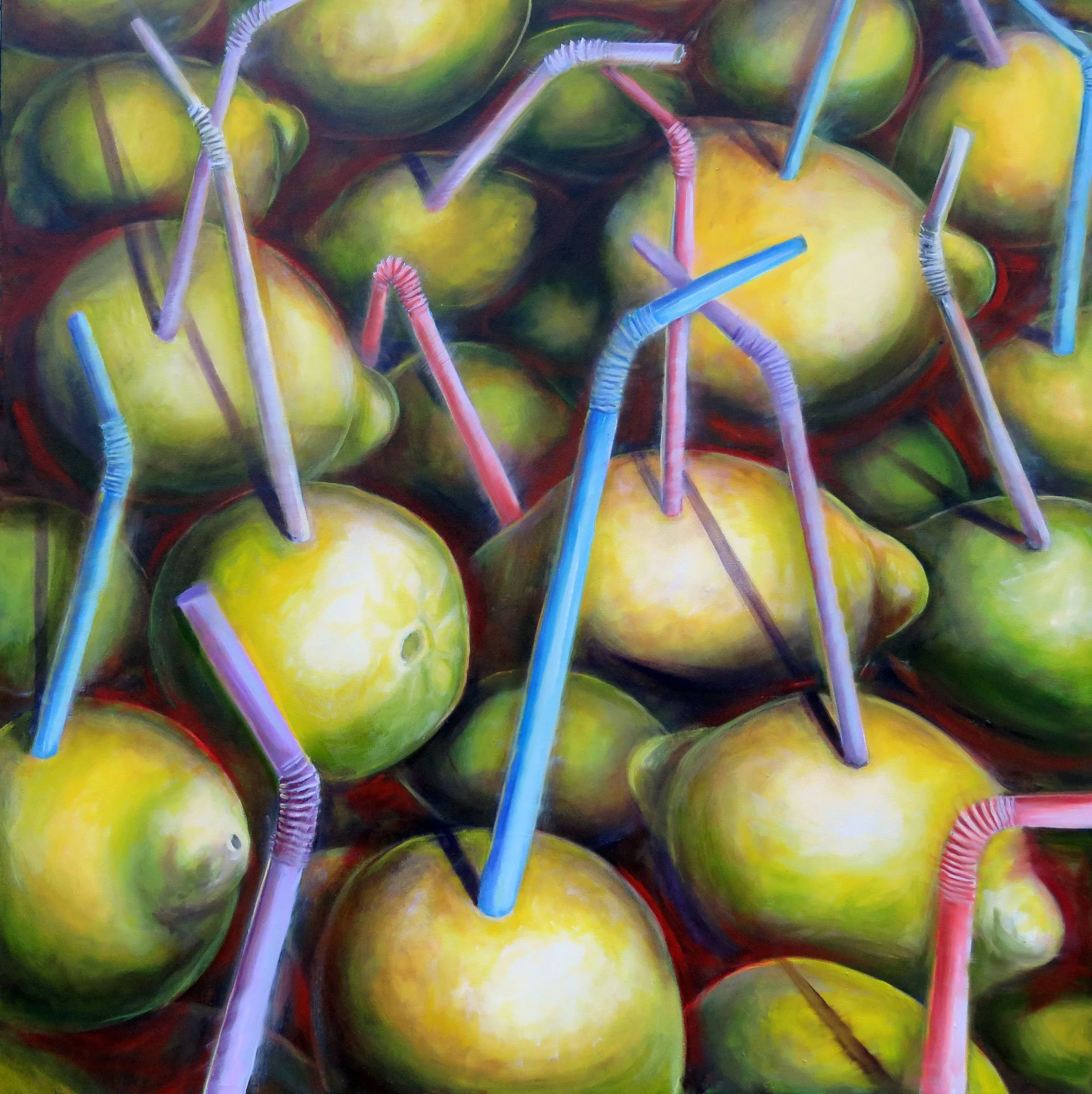 A digital painting of multiple green apples with colorful bendable straws inserted into them, creating a whimsical and playful scene.