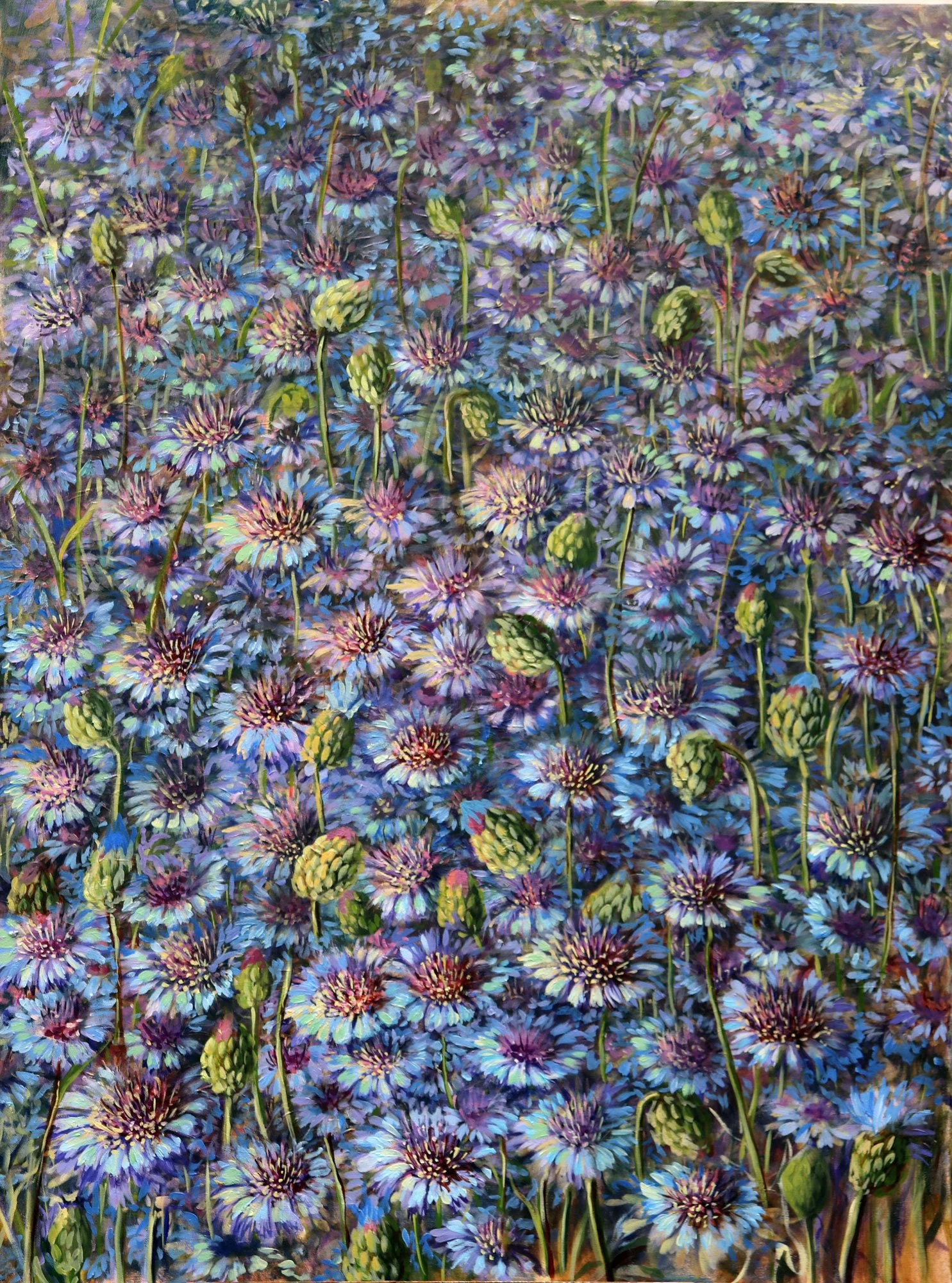 A colorful painting of a field of blue and purple flowers with green stems and buds.