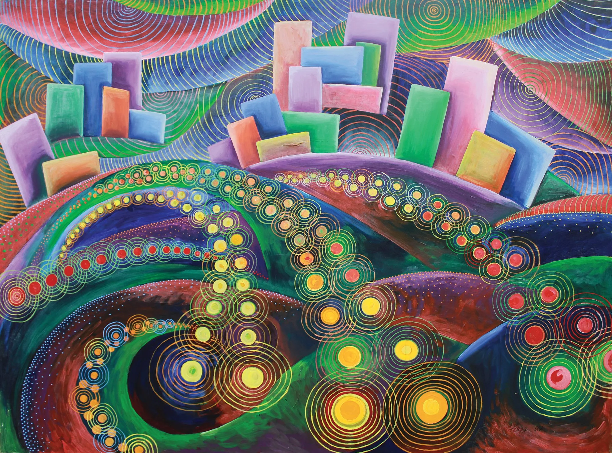 Colorful abstract painting of a city skyline with rectangular buildings and swirling patterns in vibrant colors like pink, purple, blue, green, yellow, and red.