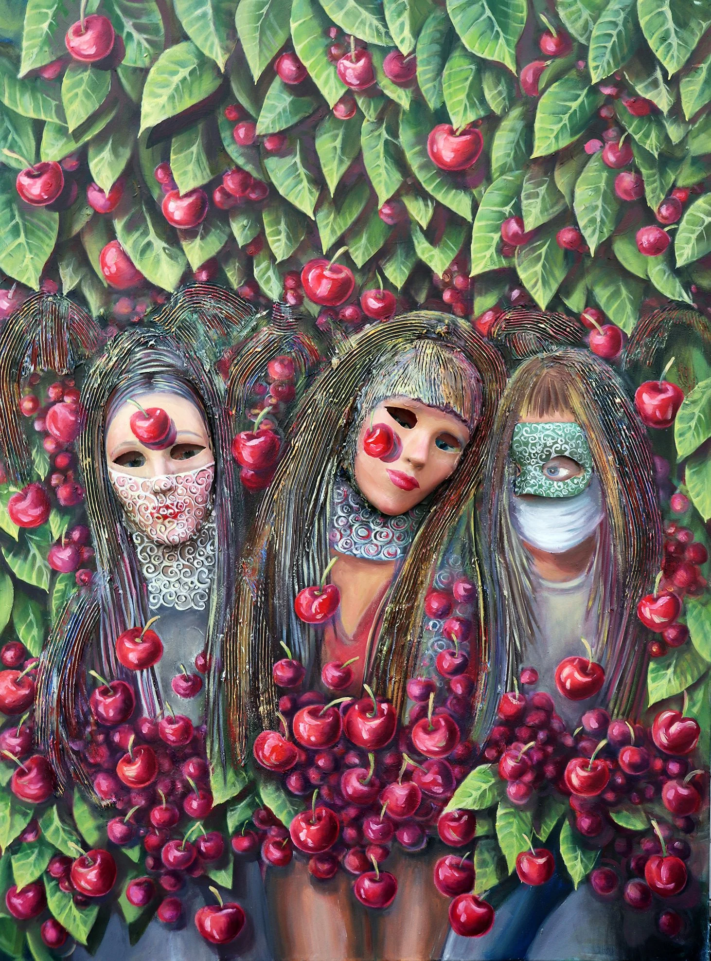 Artwork of three women with painted faces and wearing masks, surrounded by cherries and leaves, with some cherries on their faces and hair.