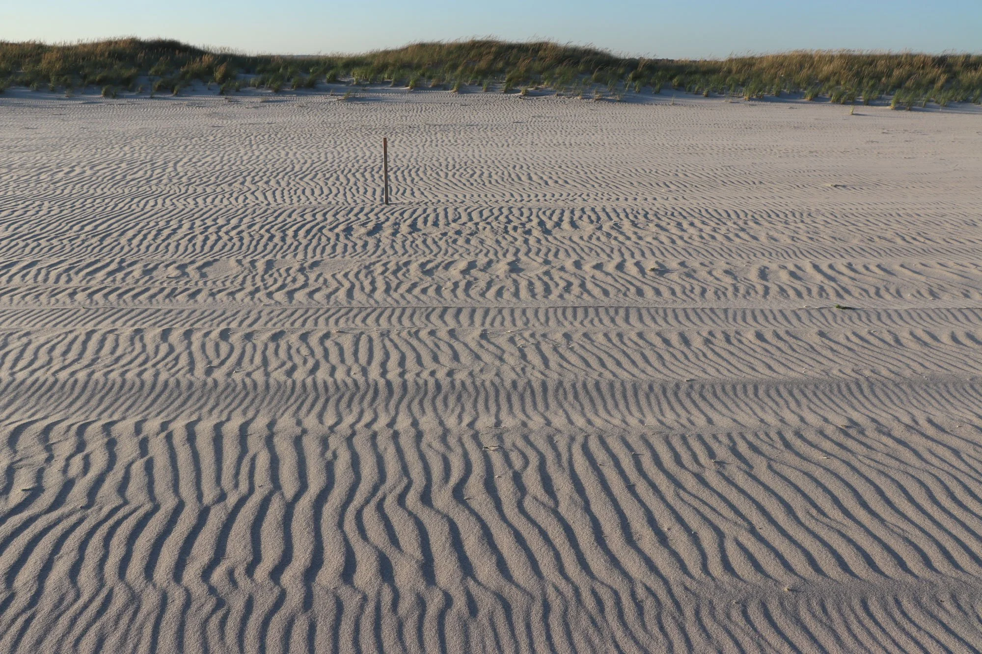 Sand dunes with rippled patterns and a single wooden post on a sandy beach, with grassy sand dunes in the background under clear sky.