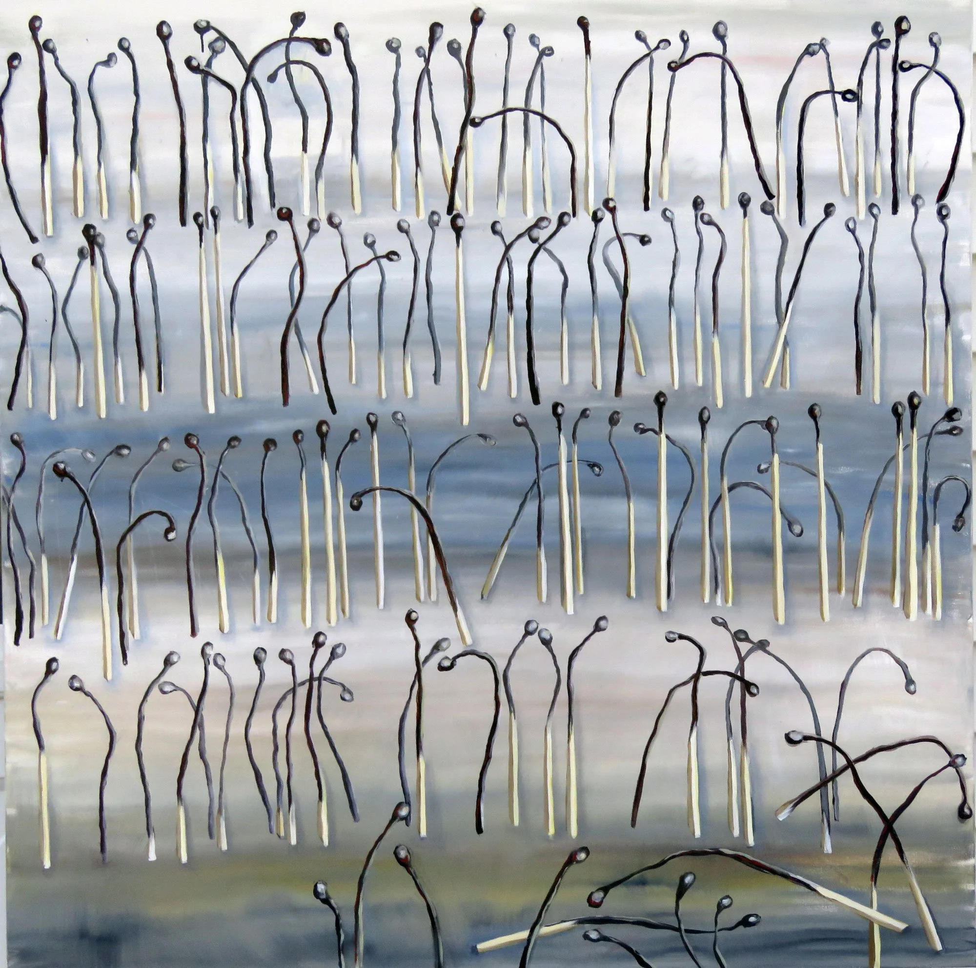 Artistic depiction of numerous burnt matches with blackened tips, arranged on a textured surface with a wavy, blue-gray background.