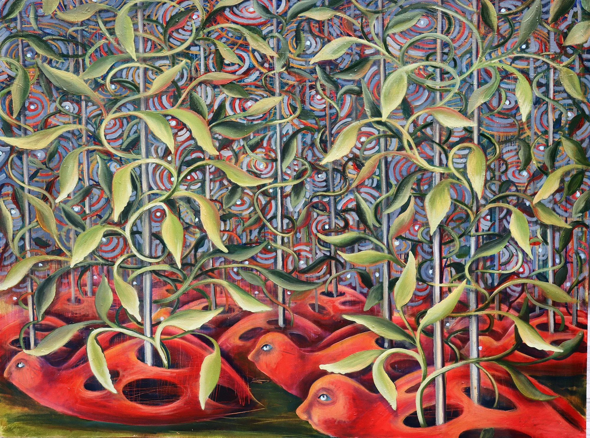 A painting of orange landline phones with green plants growing out of their holes, with scenes of eyes and faces emerging from the phones.