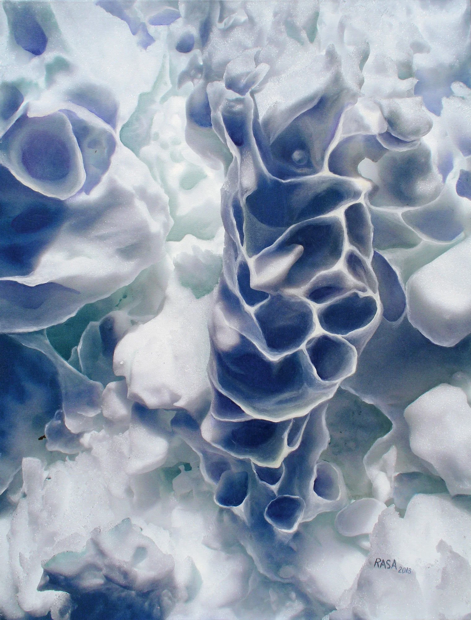 Close-up of snow and ice formations with blue and white tones.