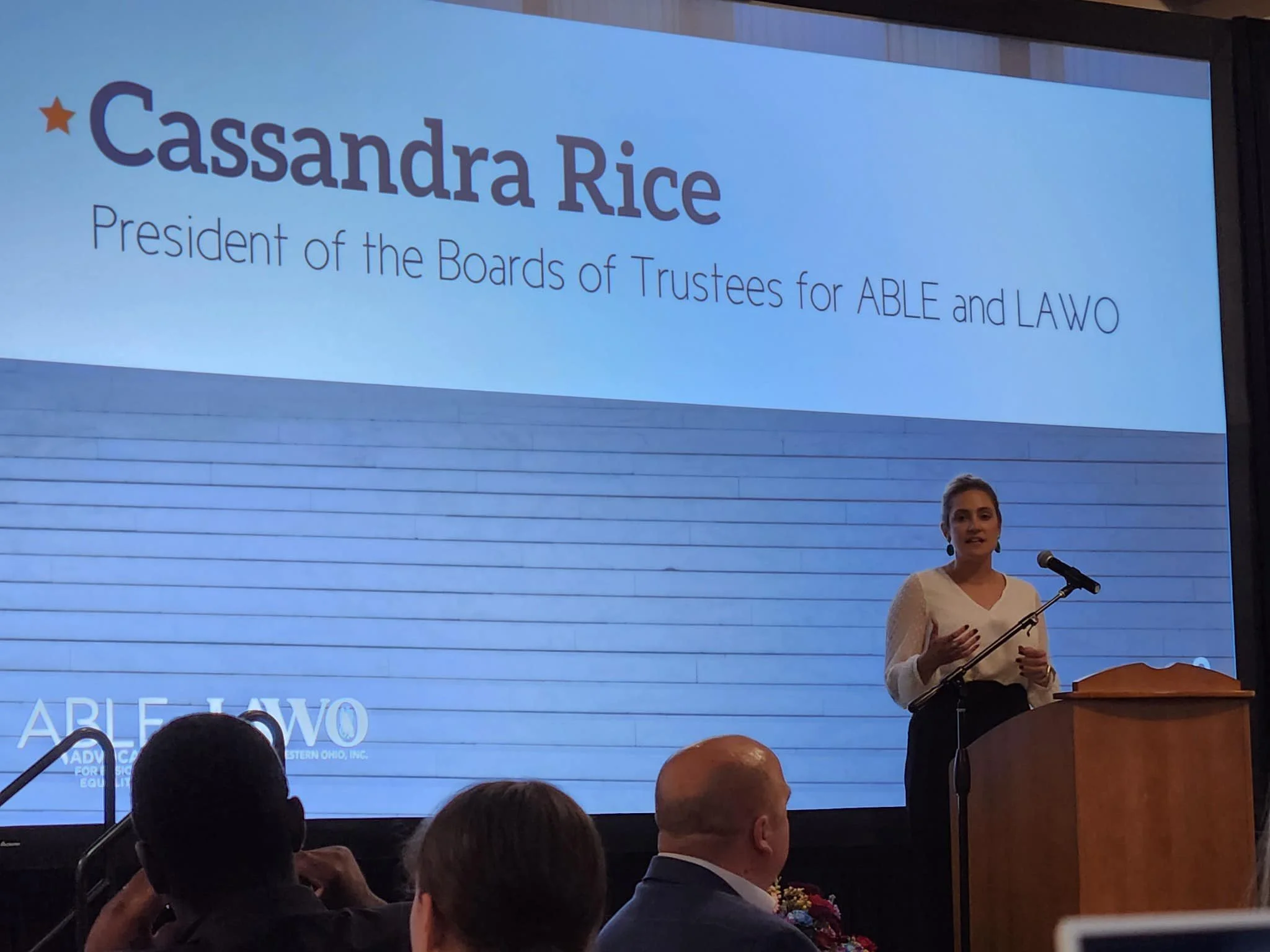 A photo of Cassandra Rice, candidate for Montgomery County Probate Judge speaking.